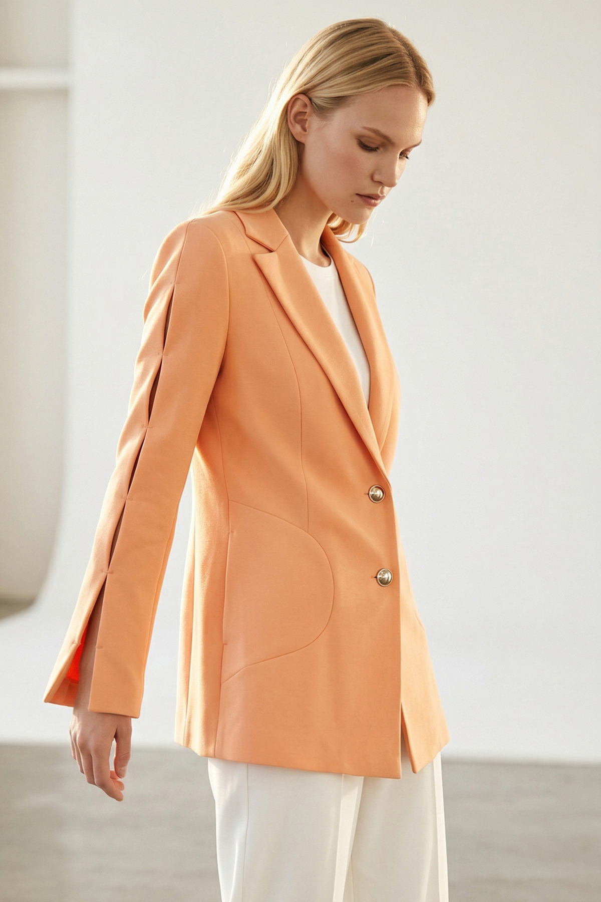 Exquise  Uzun Kol Erkek Yaka Düz Kumaş Ceket - Görsel 2