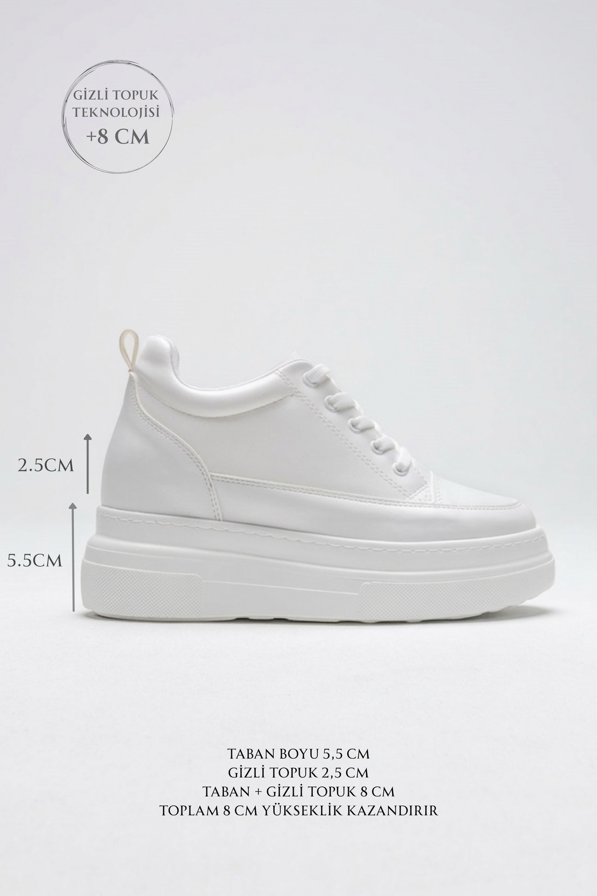 BonuStep  CloudLift Kadın Beyaz Gizli Topuk Bağcıklı Sneaker Günlük Rahat Spor Ayakkabı Boy Uzatan 8cm - Görsel 9