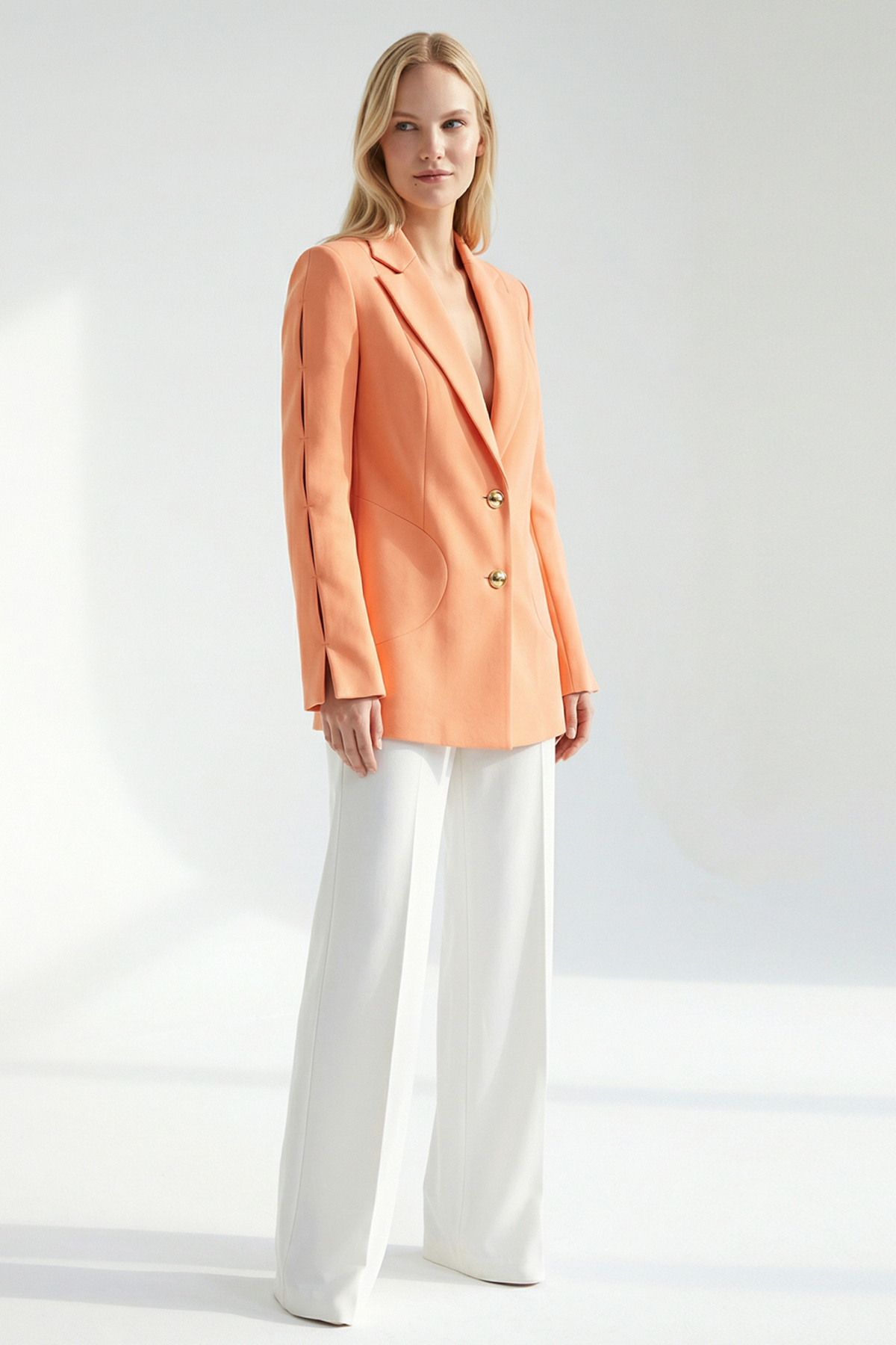 Exquise  Uzun Kol Erkek Yaka Düz Kumaş Ceket - Görsel 4