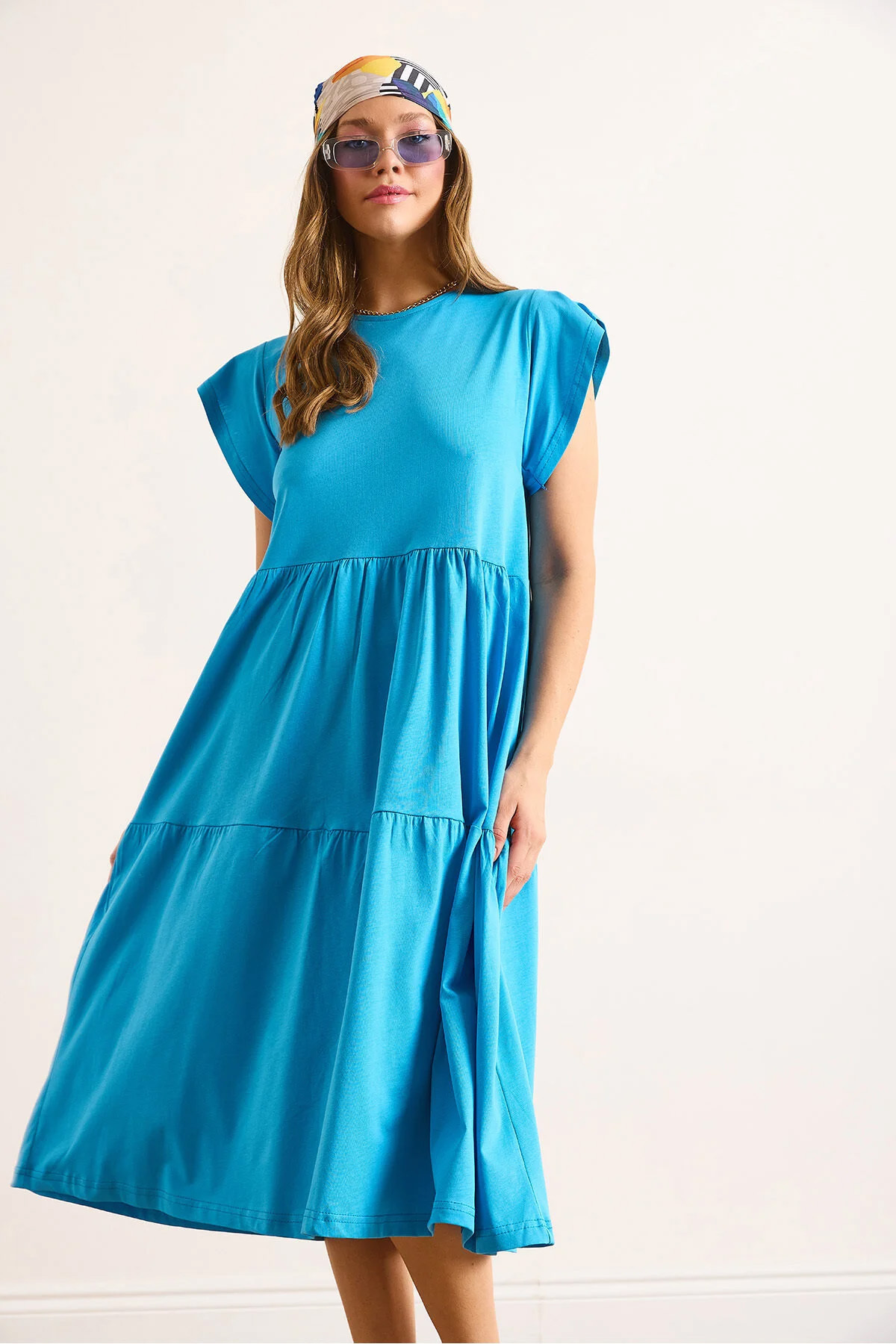Women's Blue Frilly Sleeve Midi Cotton DRESSDRESS-19002445