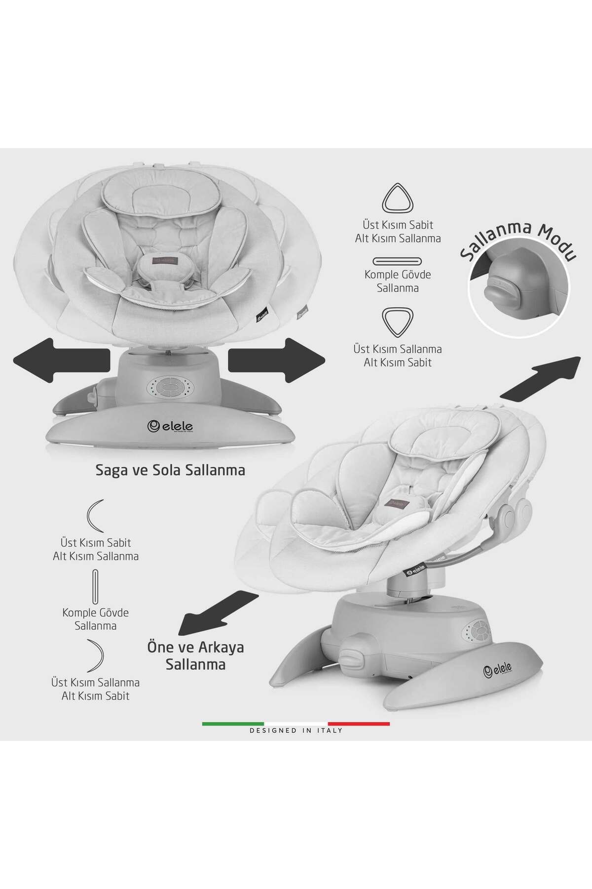 Elele Roma Lüks Elektrikli Otomatik Sallanan Ana Kucağı 360° Dönebilen Kademeli Gri fotoğrafı 5 (önizleme)