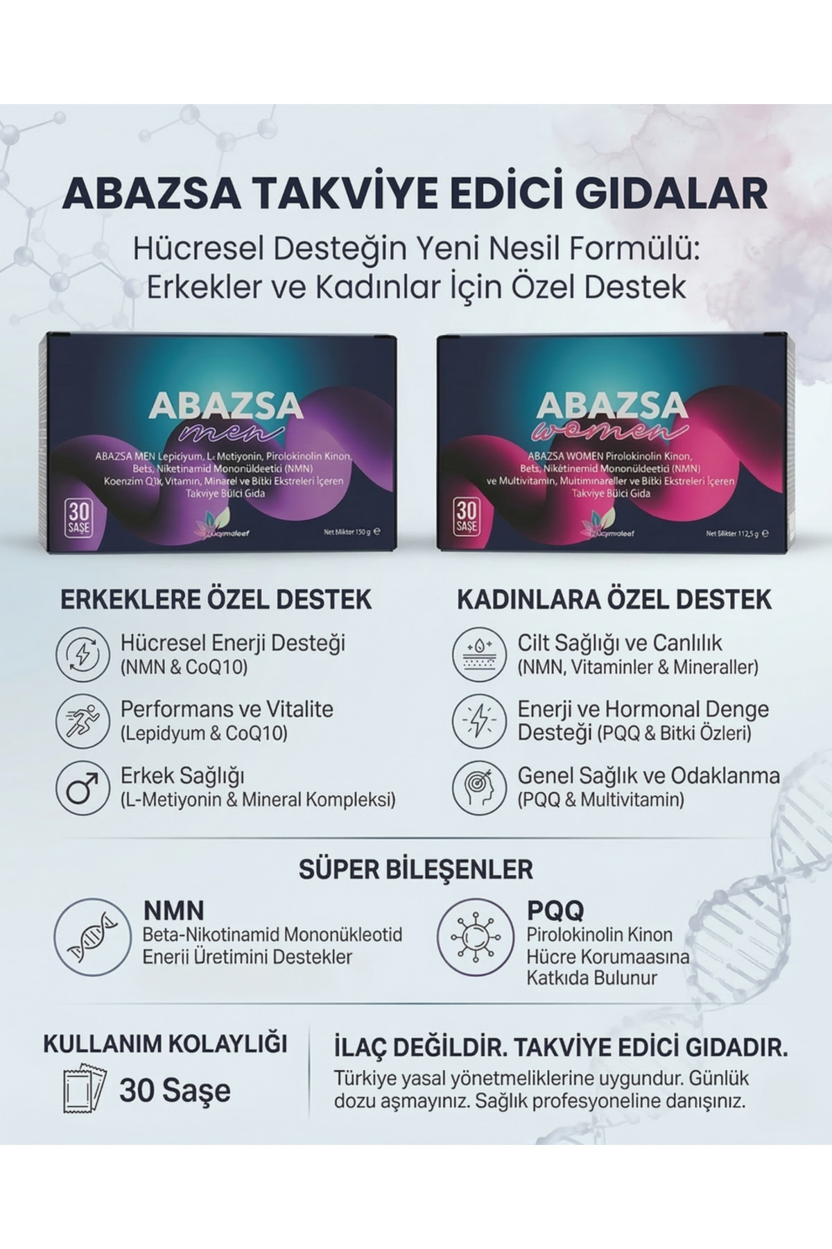 Abazsa Women 30 Saşe Vitamin C D Vitamini B12 İnositol Folik Asit Çinko E Vitamini Glutatyon NMN — Abazhaw — تصویر 3 از 7