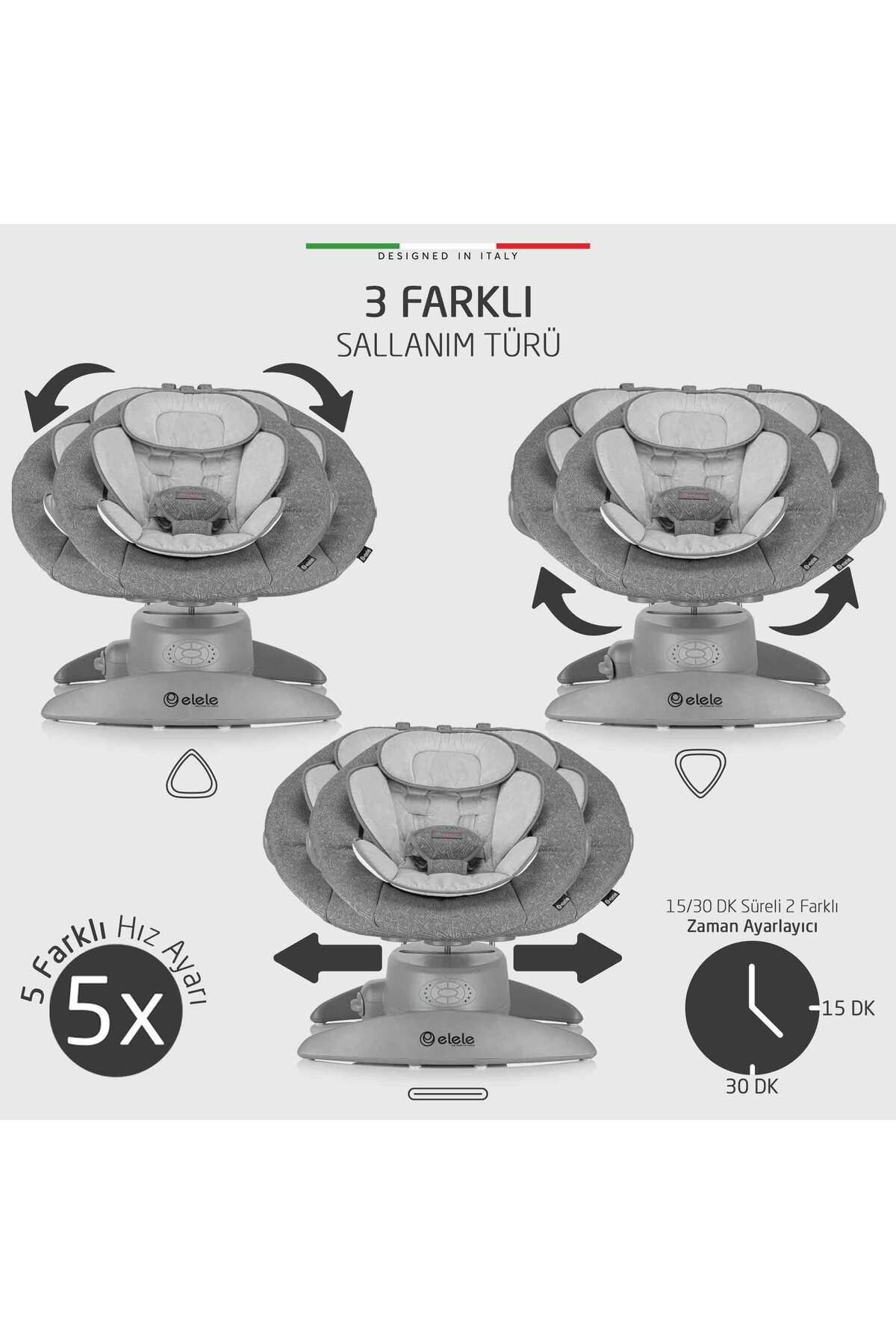 Elele Roma Lüks Elektrikli Otomatik Sallanan Ana Kucağı 360° Dönebilen Kademeli Antrasit fotoğrafı 4 (önizleme)