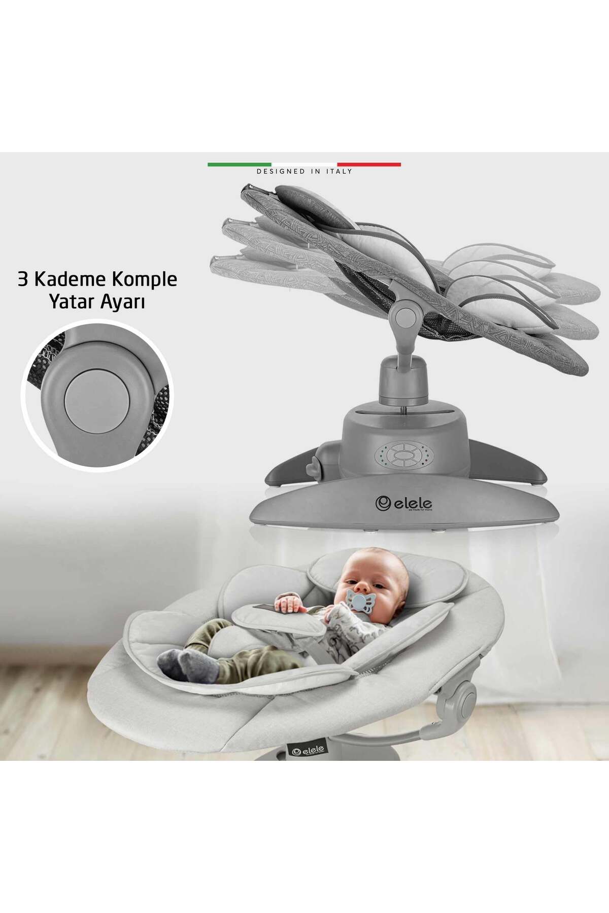 Elele Roma Lüks Elektrikli Otomatik Sallanan Ana Kucağı 360° Dönebilen Kademeli Antrasit fotoğrafı 3 (önizleme)