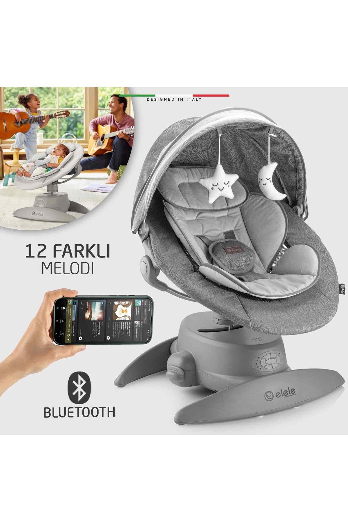 Elele Roma Lüks Elektrikli Otomatik Sallanan Ana Kucağı 360° Dönebilen Kademeli Antrasit fotoğrafı 6 (önizleme)