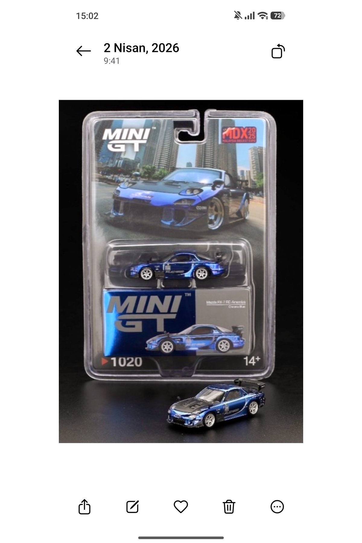 mini gt 1020 Mazda RX-7 RE-Amemiya Chrome Blue 2025 Malaysia
