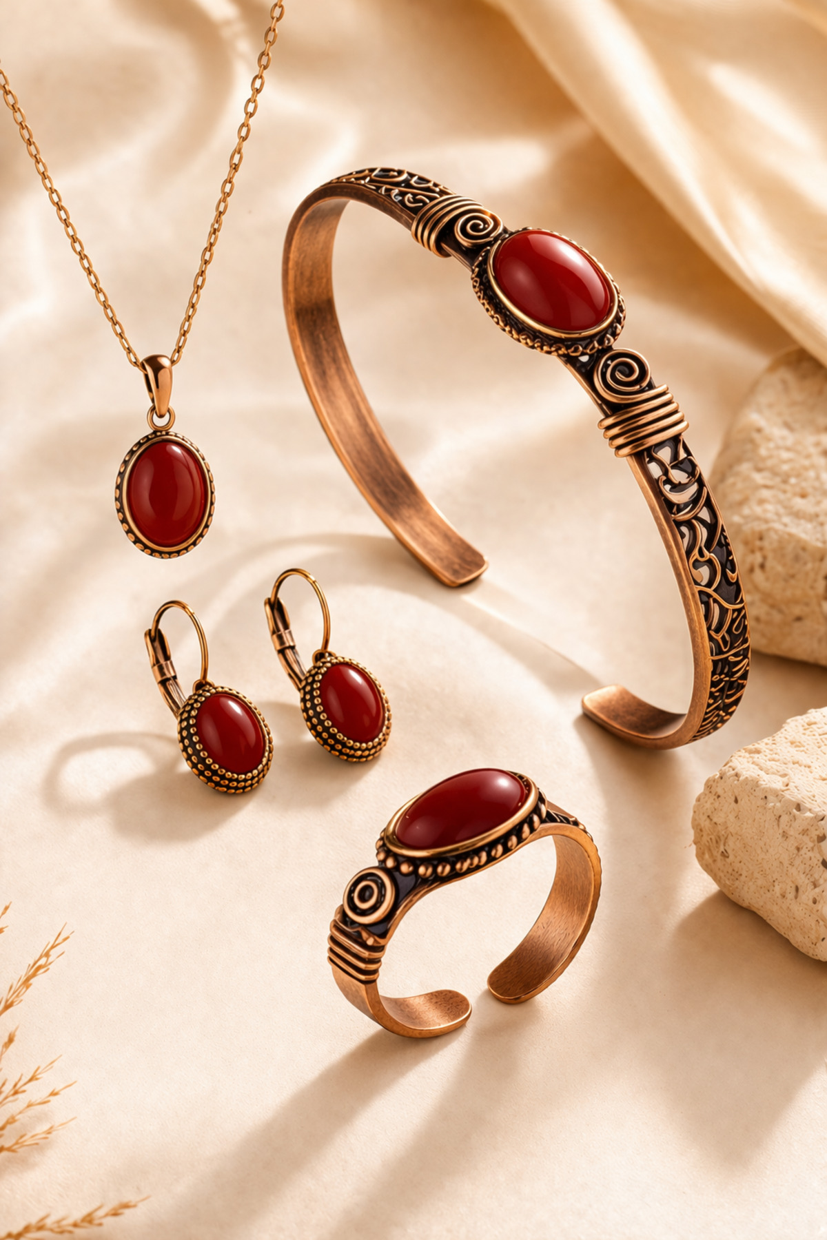 Women's Copper Bracelet Necklace Ring Earrings Set Natural Red Pure Copper Set with Agate Stone