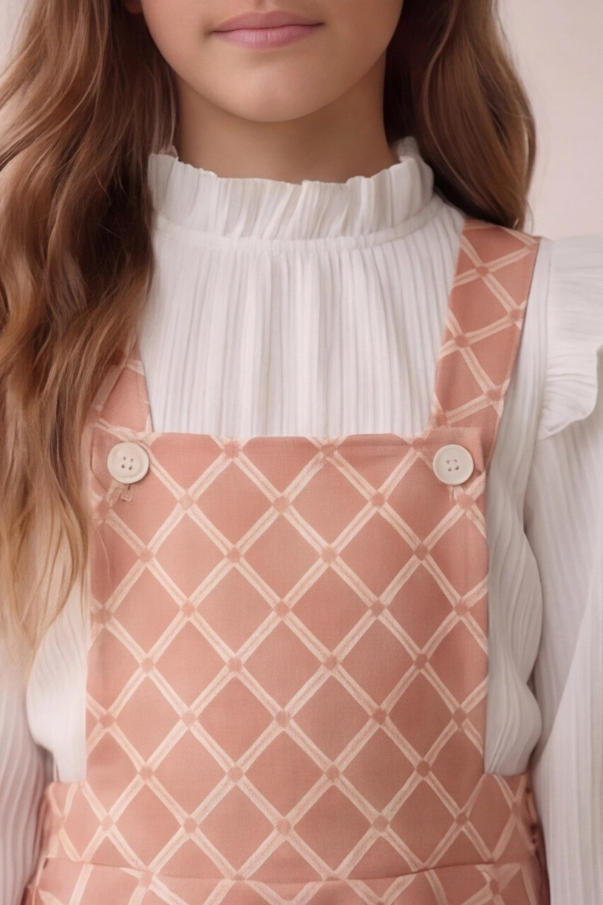 FESSHERA KİDS Kız Çocuk Baklava desen Salopet Jile ve Fitilli Bluz Takım - Fırfırlı 2'li Alt Üst Set fotoğrafı 7 (önizleme)