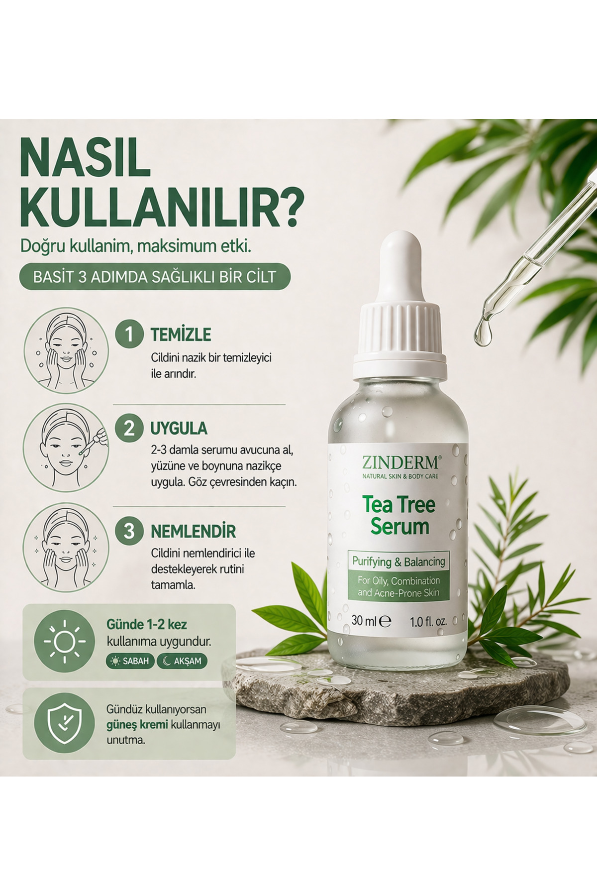 Akne Karşıtı Çay Ağacı Yağı Serum, Salisilik Asit, Niacinamide, Hyaluronik Asit Çay Ağacı Yağı Cilt Serumu 30 ML — zindermttoserum — تصویر 4 از 4