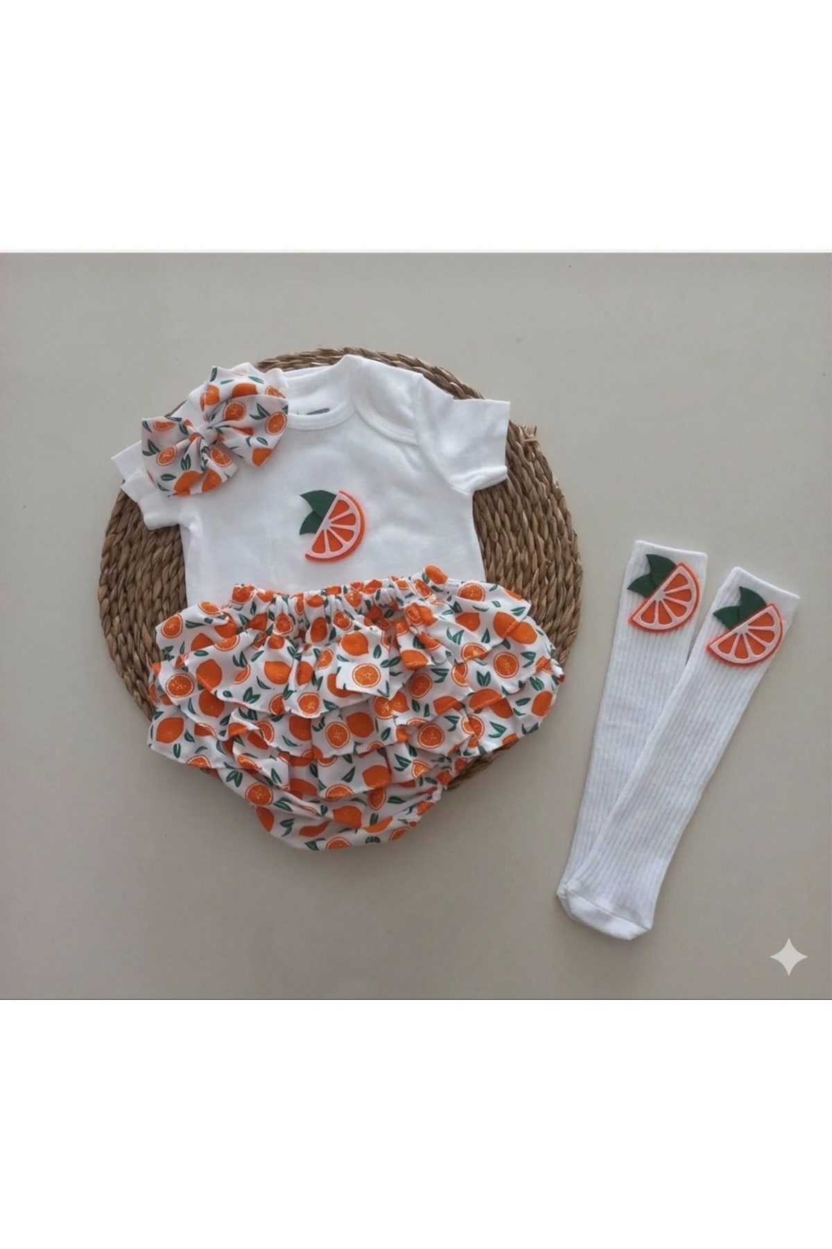 MARS BABY Kız Bebek Turuncu Portakal Fırfır Şort Etek Bodyli Çorap Takımı fotoğrafı 2 (önizleme)