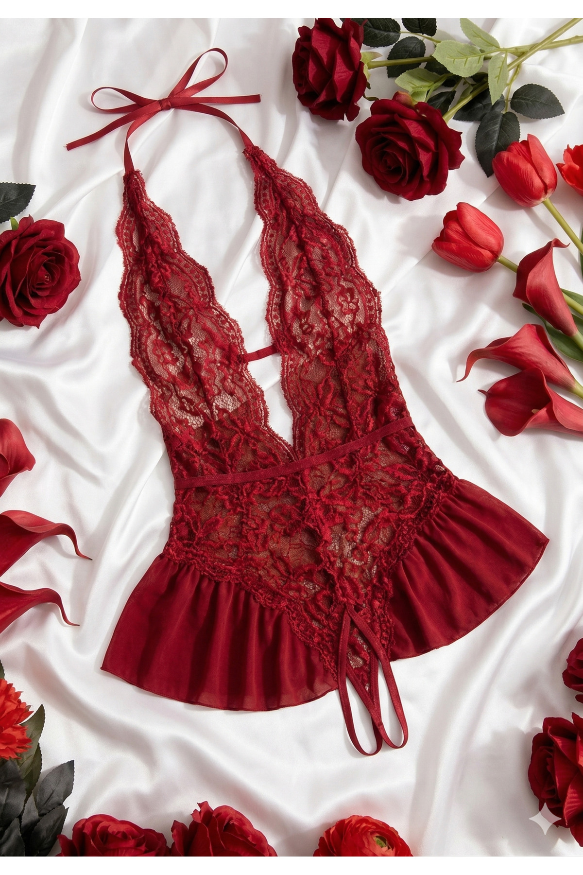 Blizard  Kadın Kırmızı Dantelli Tüllü Boyundan Bağlamalı Gecelik Takımı