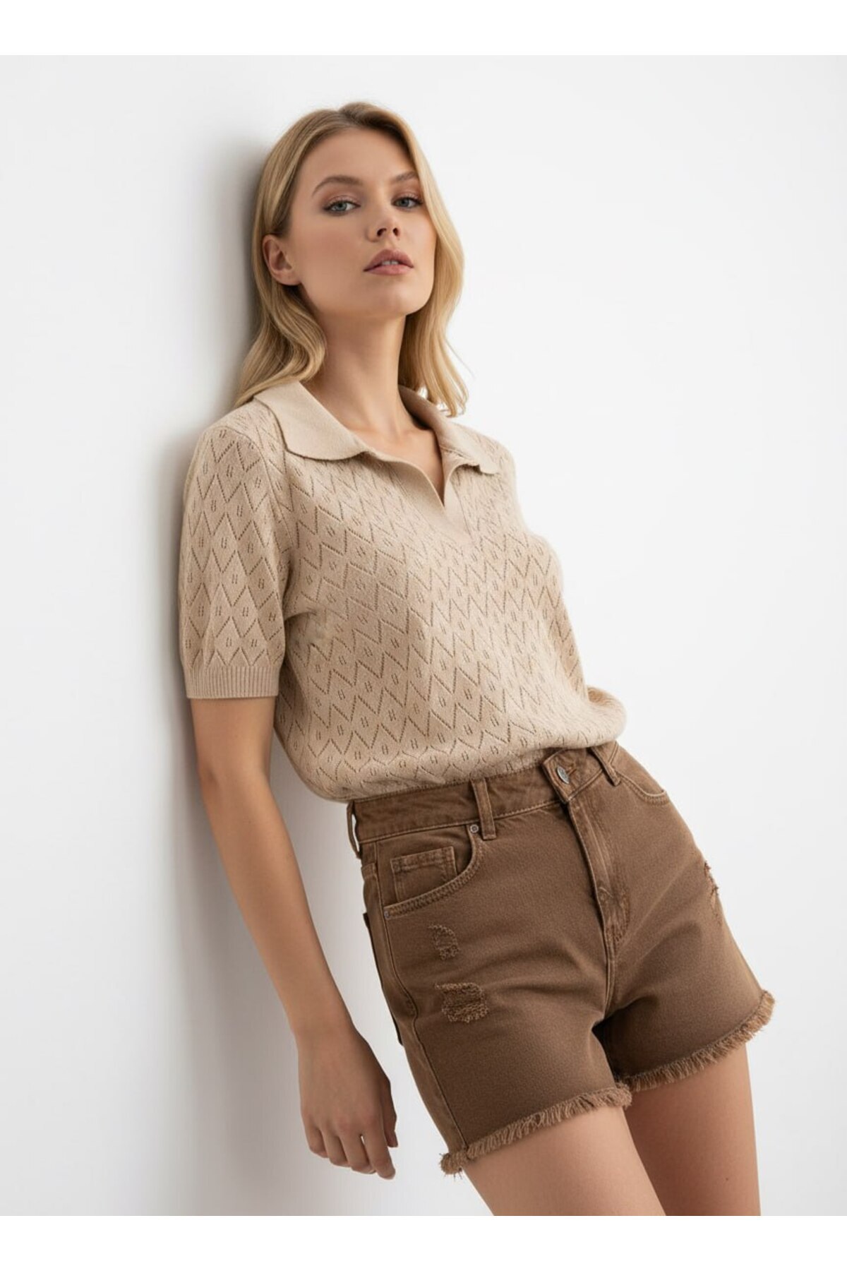 Noi Belis  Polo Yaka Delikli Kısa Kol Triko Bluz SS26BZ0029 - Görsel 3