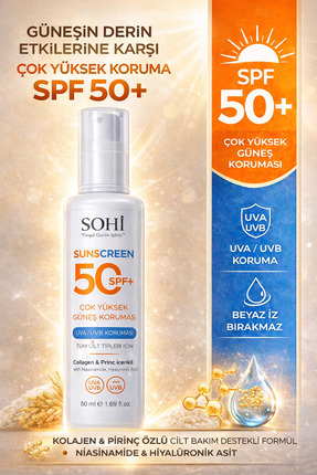 SOHİ SPF 50+ Güneş Kremi | Kolajen & Niacinamide & Hyaluronik Asit | Yüz ve V...