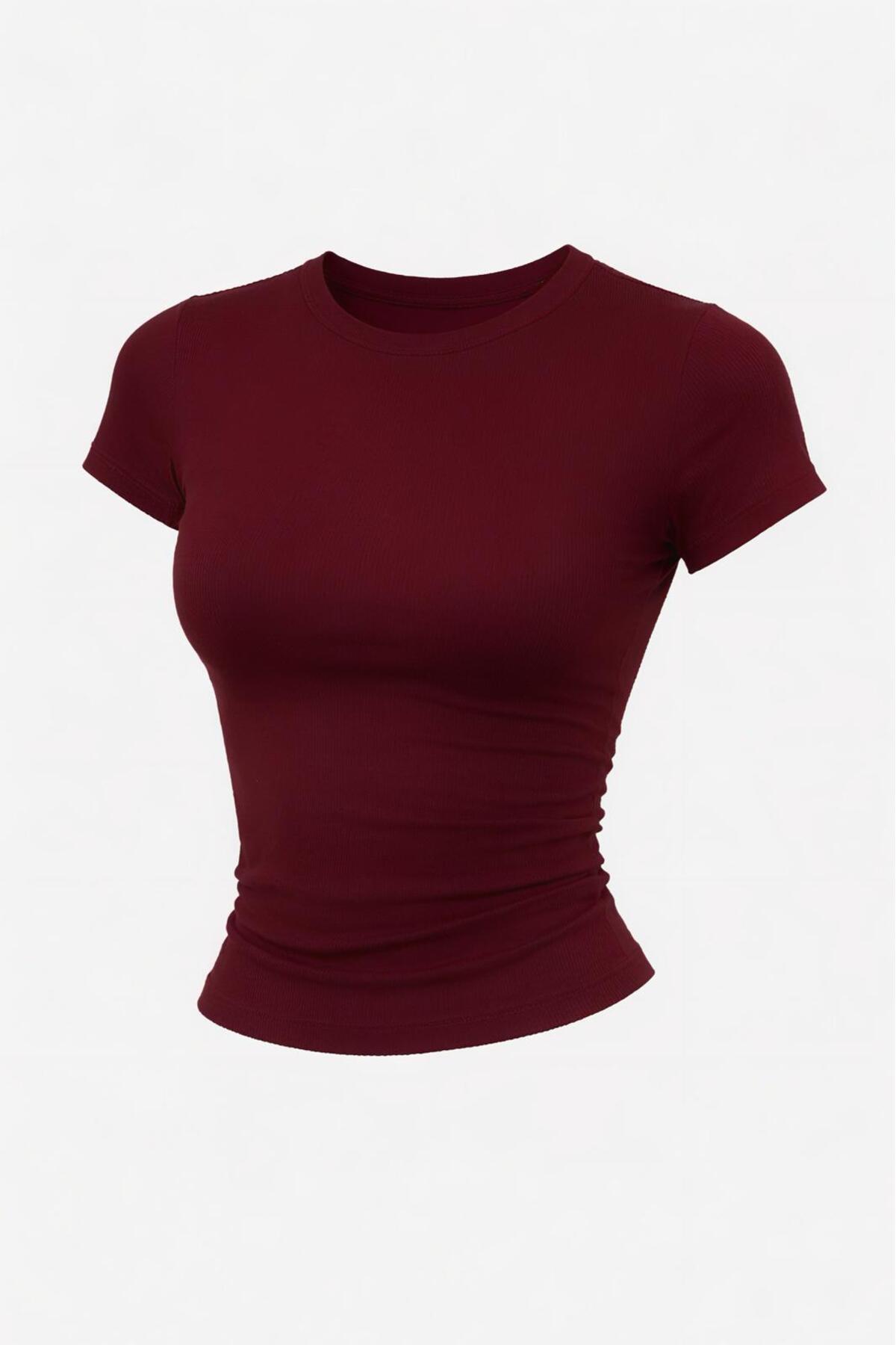 MODiSCHO Kadın Bordo Bisiklet Yaka Slim Fit Pamuklu Ultra Soft Likralı Kumaş Basic T-Shirt & Body görsel 4