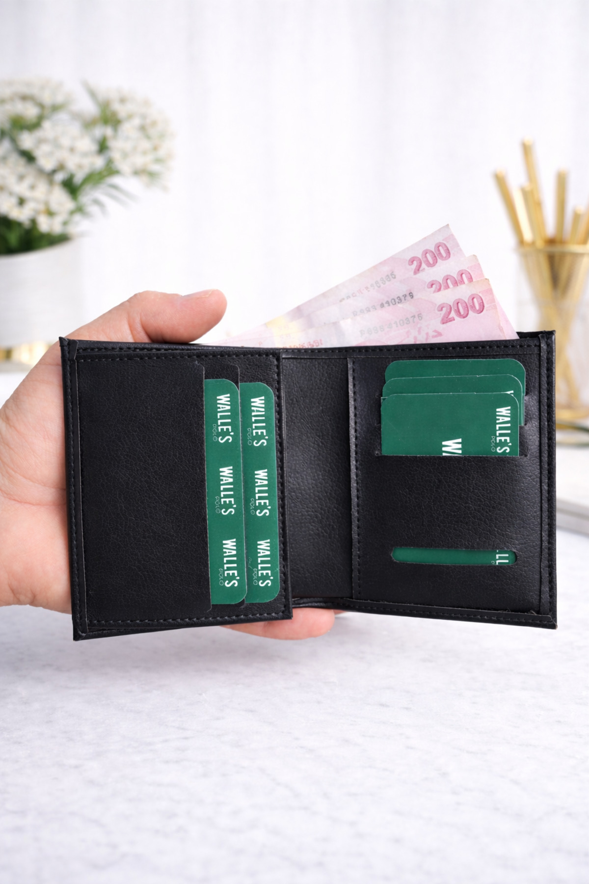 Walle's Polo  Siyah Vegan Deri Spor Model İnce Nakit Para Bölmeli Erkek Cüzdan-kartlık - Görsel 2