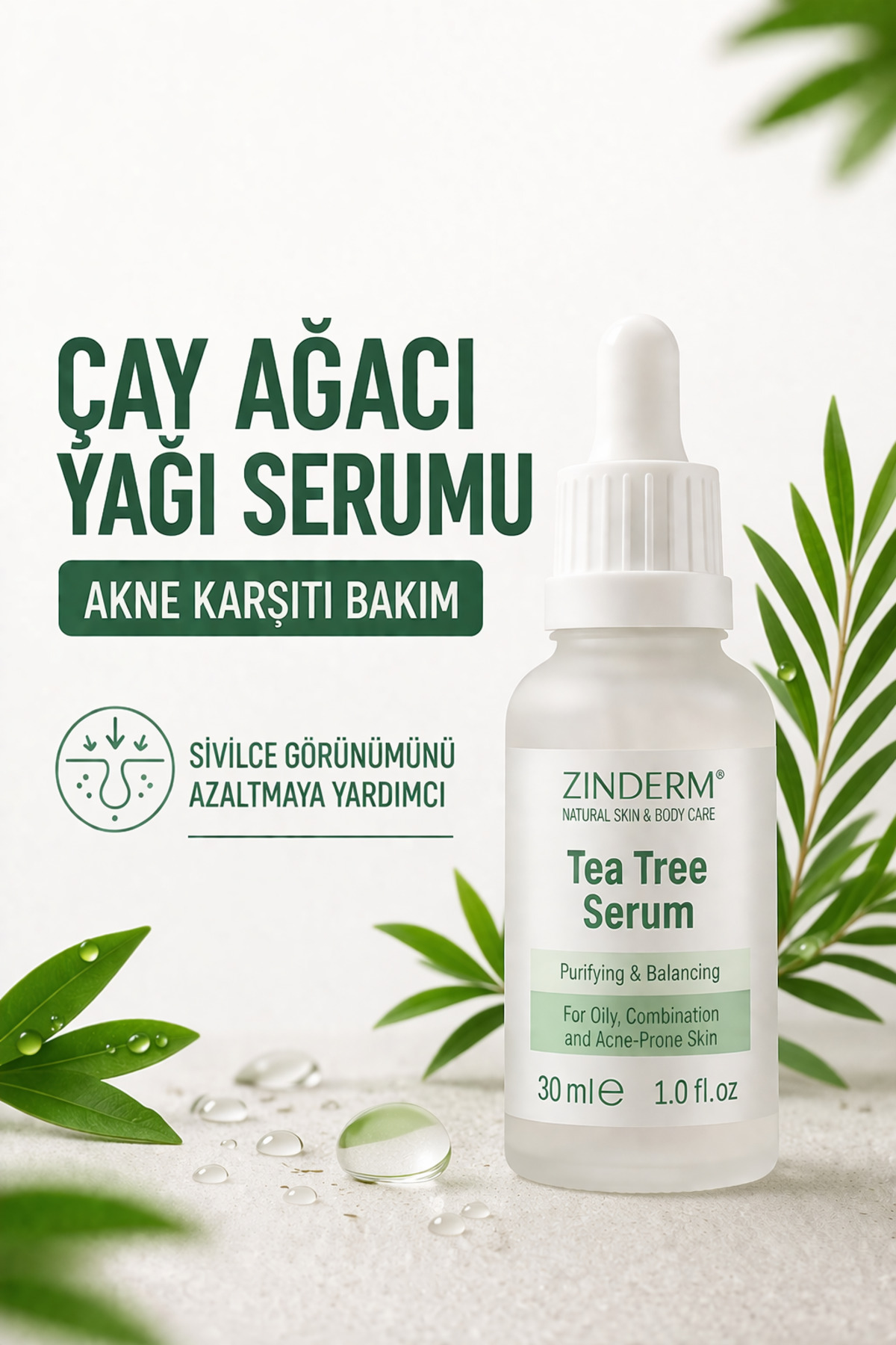 zinderm Akne Karşıtı Çay Ağacı Yağı Serum, Salisilik Asit, Niacinamide, Hyaluronik Asit Çay Ağacı Yağı Cilt Serumu 30 ML — zindermttoserum