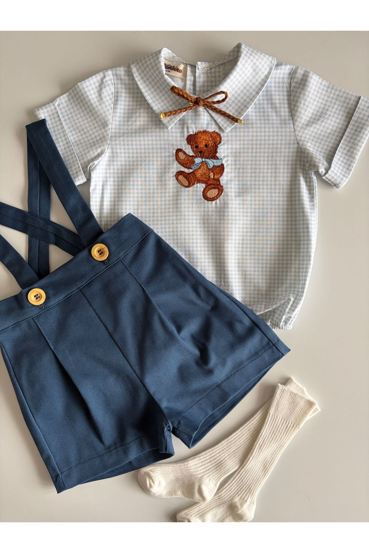 il mio bambino Baby Boy Birthday Combination Teddy Bear Salopet Shirt Set
