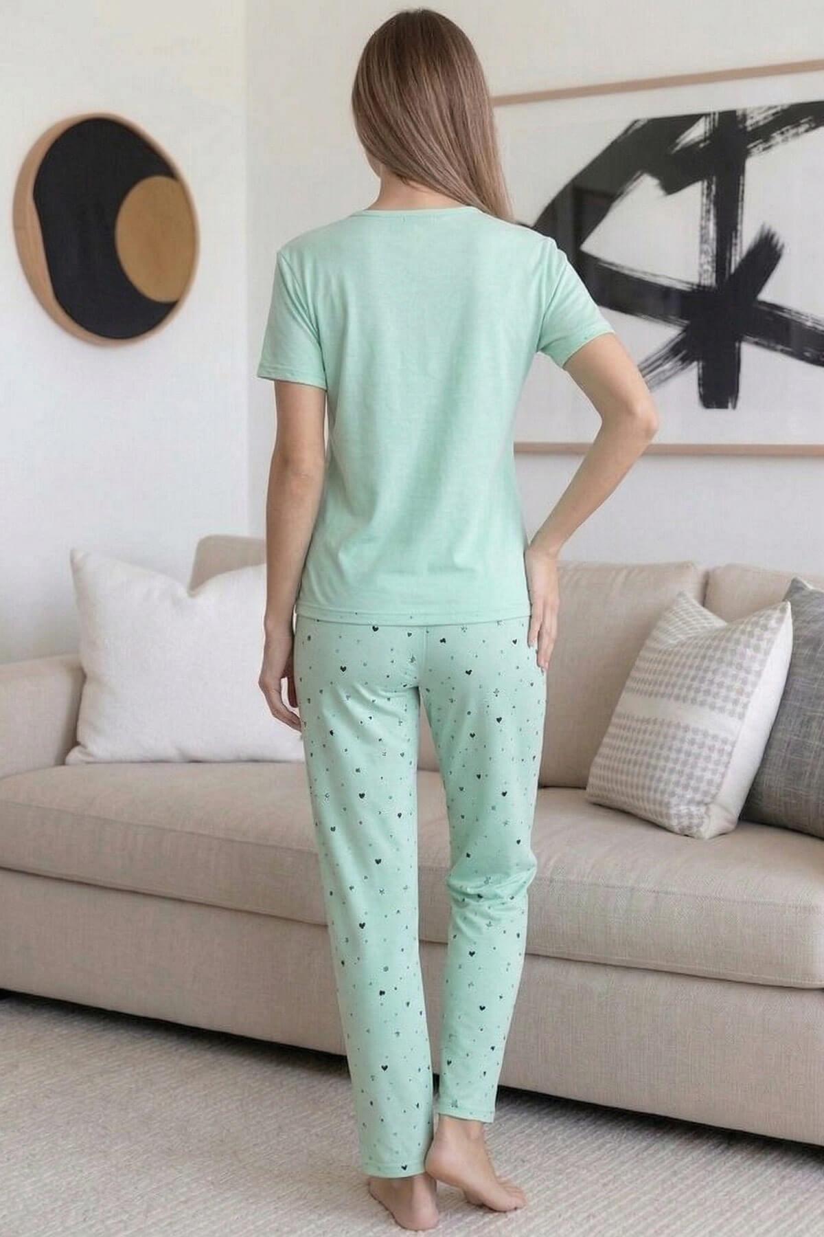 Pijamaevi Mint Familia Desenli Bambu Kısa Kol Kadın Pijama Takımı görsel 7