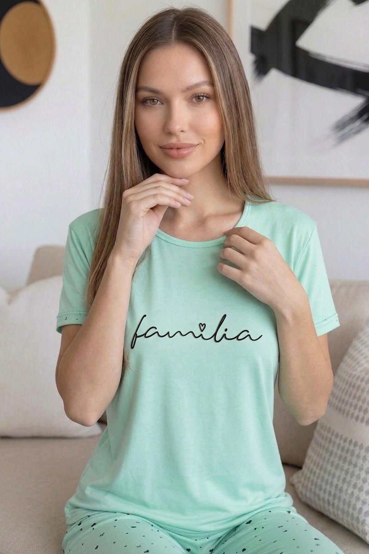 Pijamaevi Mint Familia Desenli Bambu Kısa Kol Kadın Pijama Takımı görsel 5