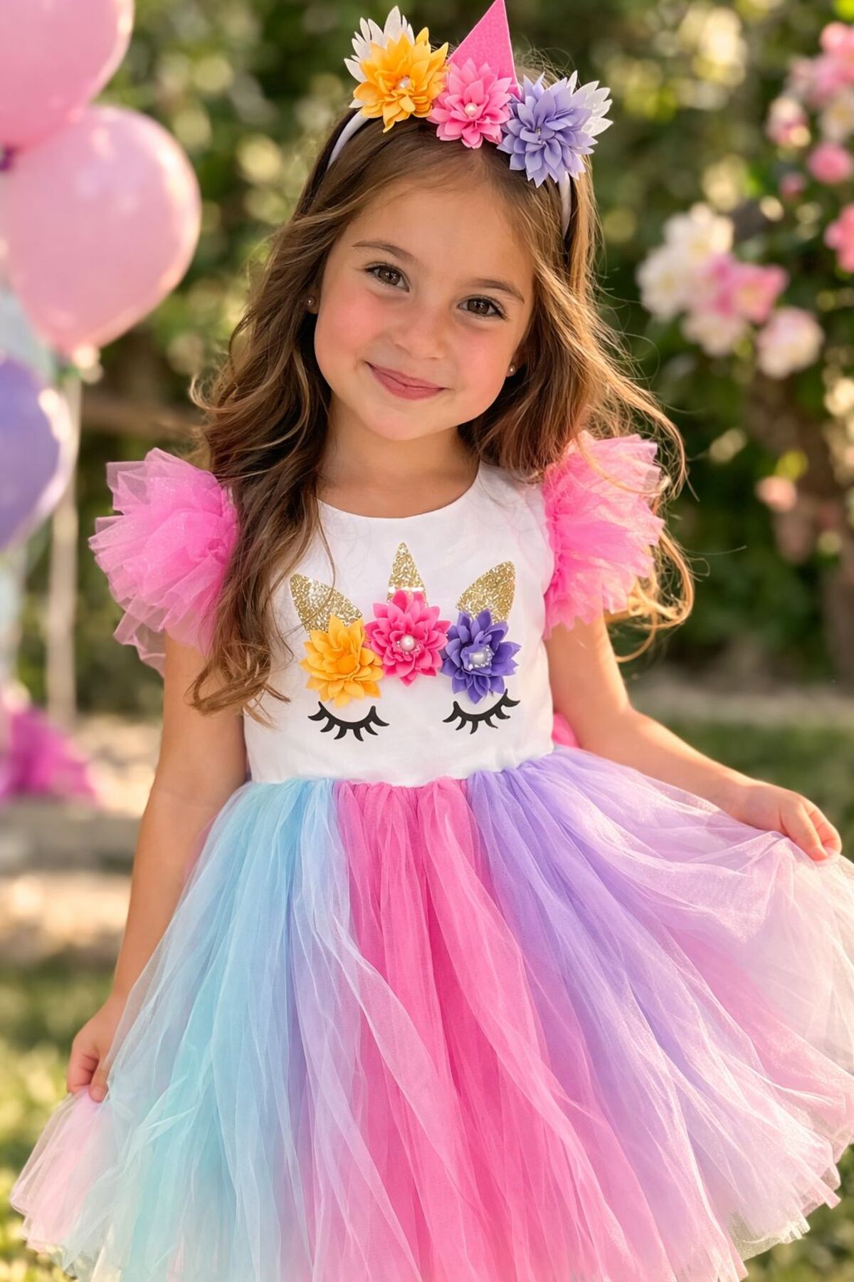 KOZADANKIDS Unicorn Doğum Günü Elbisesi + Taç Hediyeli Kabarık Tül Prenses parti Elbise