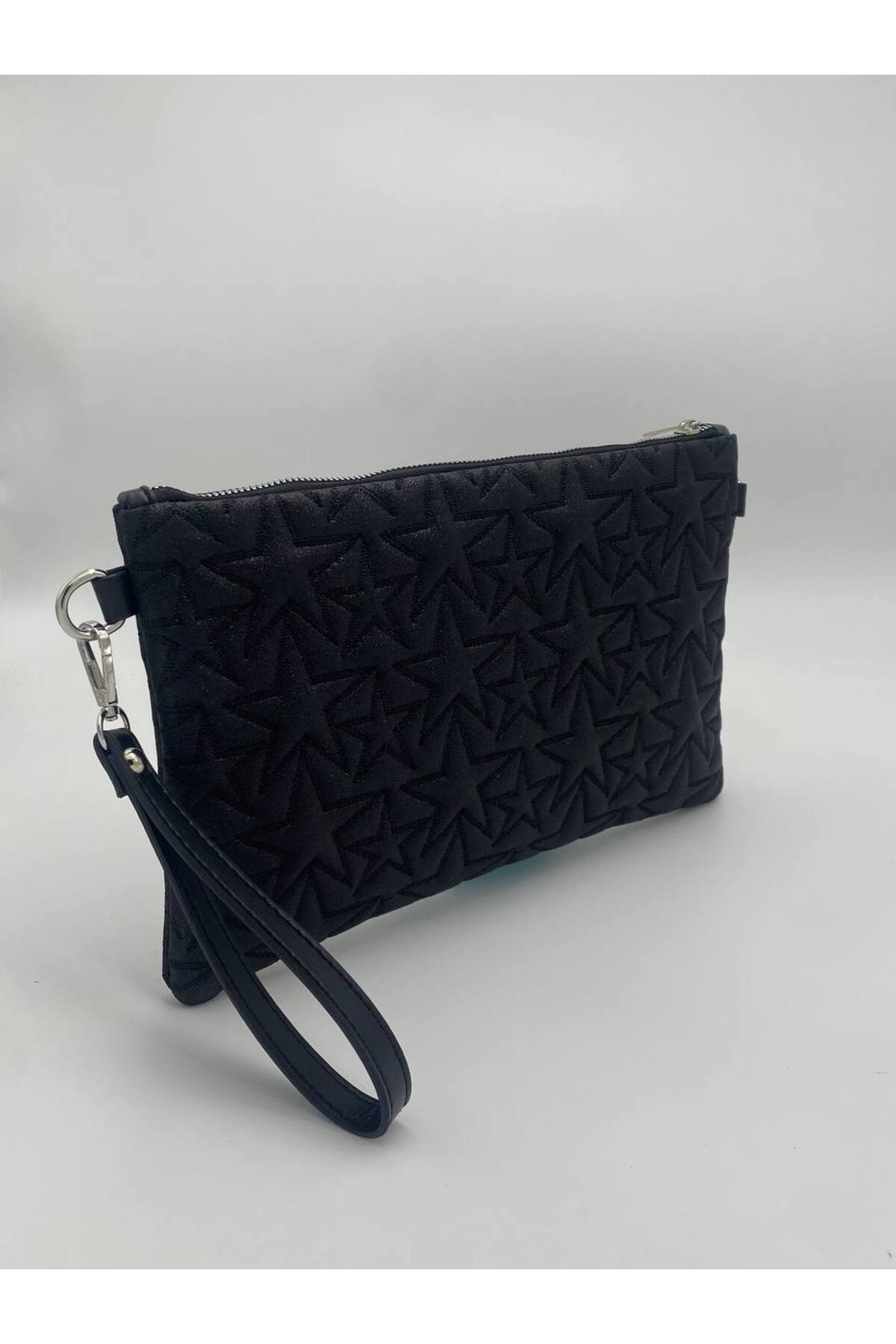 Siyah Yıldız Desenli Portföy & Clutch Kadın Çantası Çıkaralabilir Bilek Askılı 30 x 19 cm