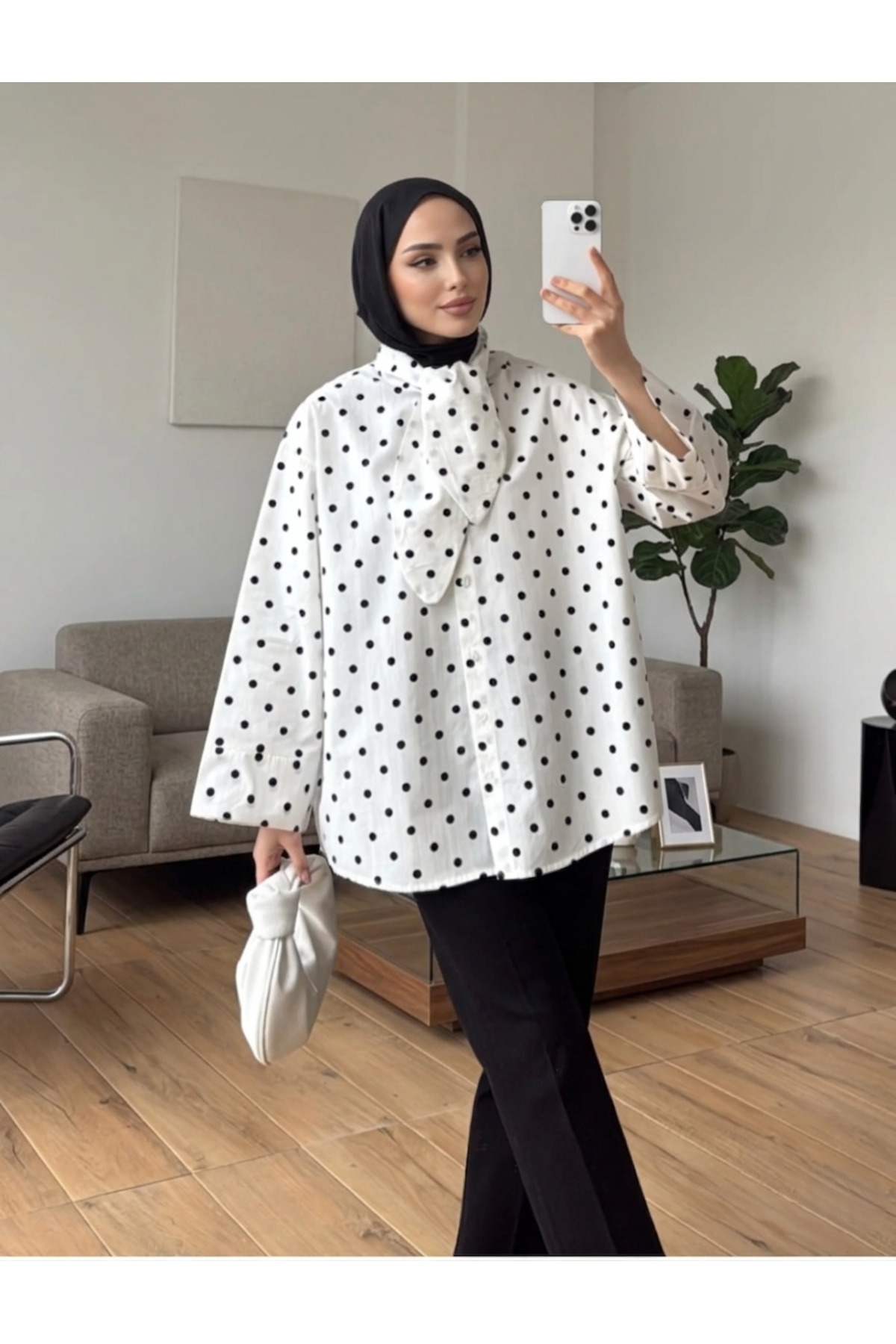 nizzell Polka Dot Poplin Fabric Hijab Shirt Tunic Oversized Tie