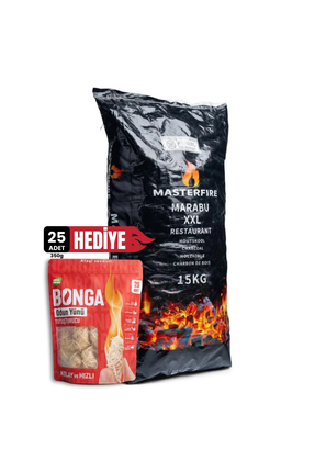 BONGA MasterFire Küba Marabu Mangal Kömürü XXL - 15 kg + (Hediye) 25 Adet Köm...