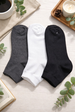 ANDINO Unisex 6'lı Pamuklu Siyah/Koyu Gri/Beyaz Patik Çoraplar.