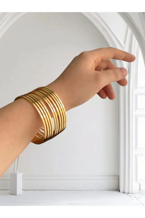 NO BRAND Gold Renk Çelik Bilezik Seti 10'lu Kombin İnce Ajda Bileklik Kadın Ş...