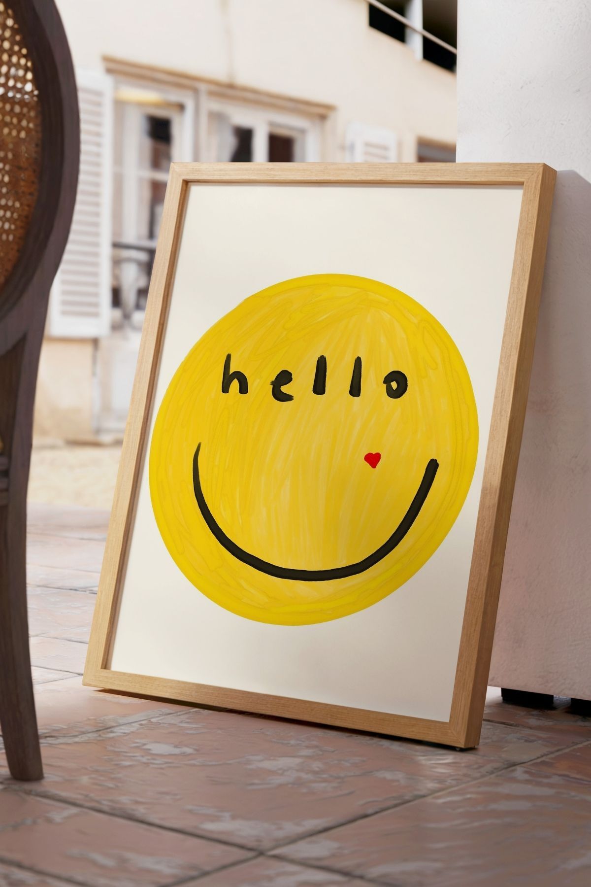Gülen Yüz Tablo Sarı Minimal Emoji Poster Modern Duvar Dekoru Çerçevesiz