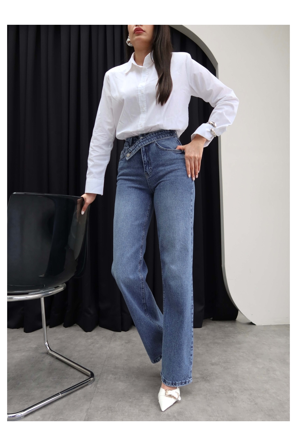 ESRAHELVACI Çapraz Bel Detaylı Wide Leg Jean görsel 4