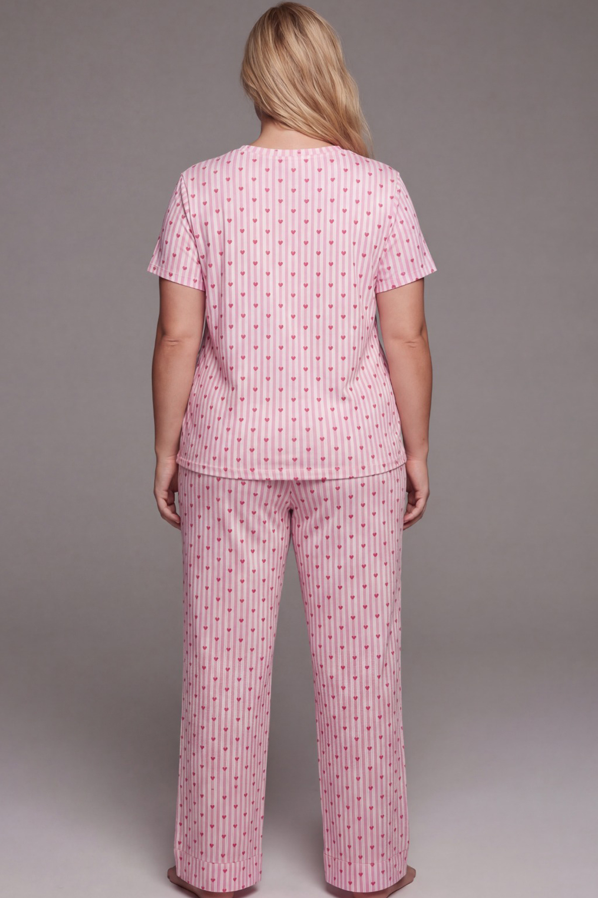 Siyah İnci  pembe beyaz çizgi desenli Büyük Beden Battal mevsimlik İnce Örme Pijama Takım 7614 - Görsel 3