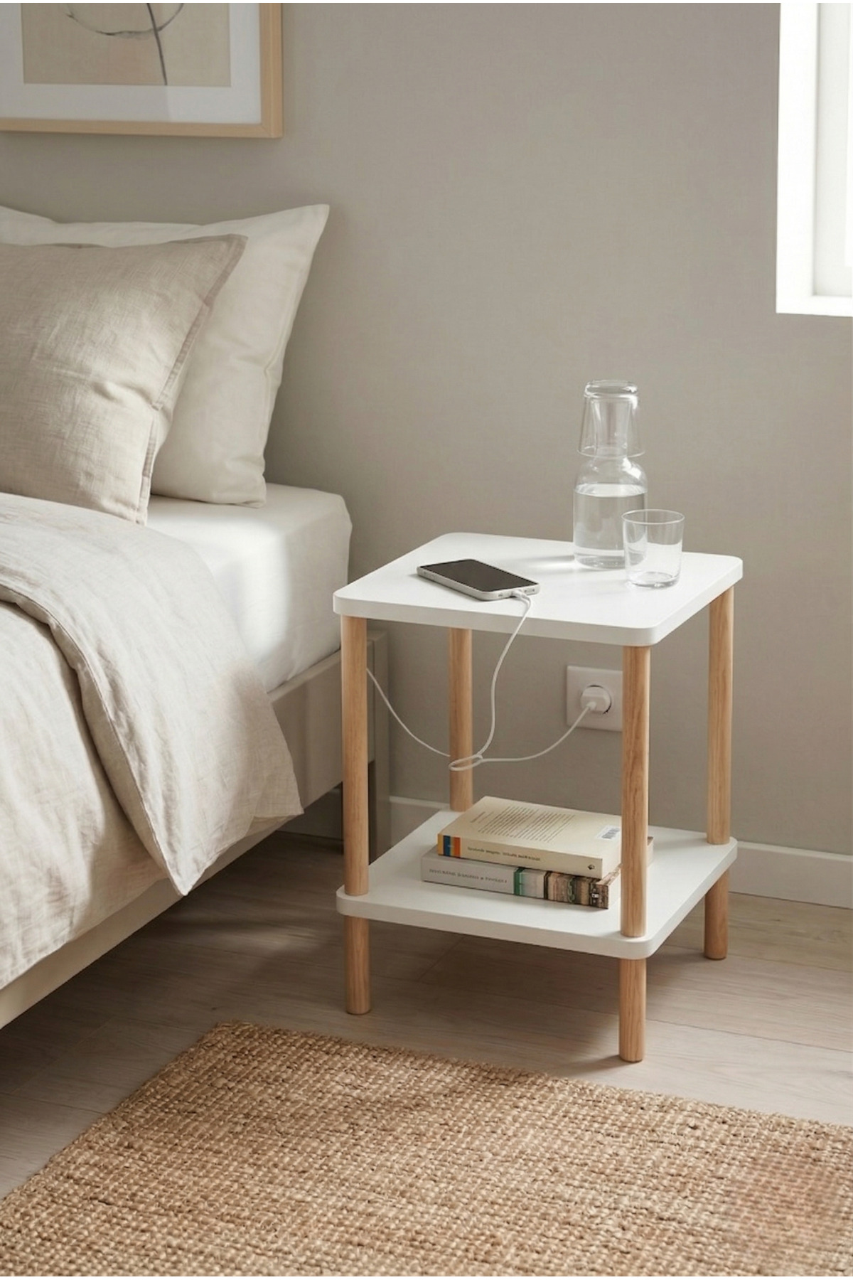 Tridihom Atlantik Pine Bedside Table Nightstand Decorative Two-Tier Side Table
