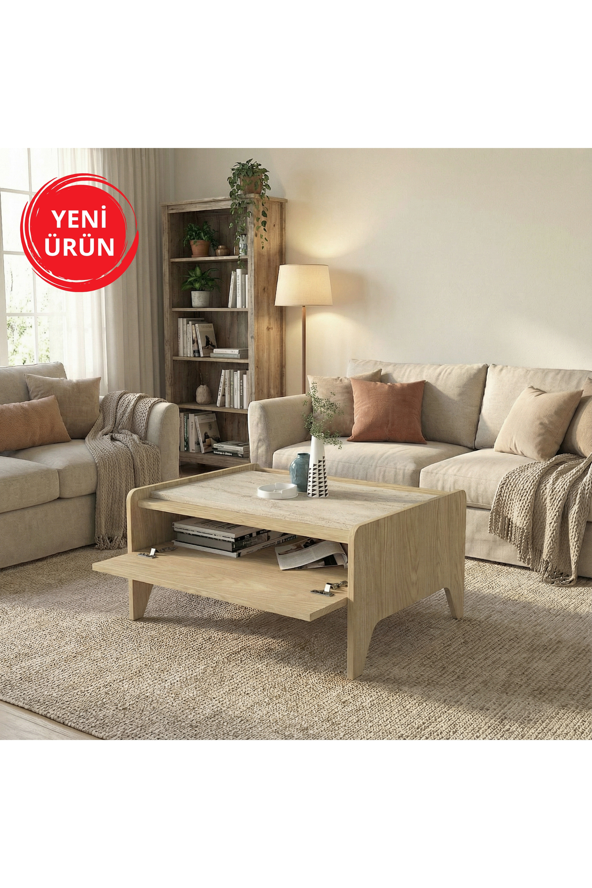 Norvic Compartment Drop Lid Modern Coffee Table, Living Room & Living Room Furniture Route-Travertine