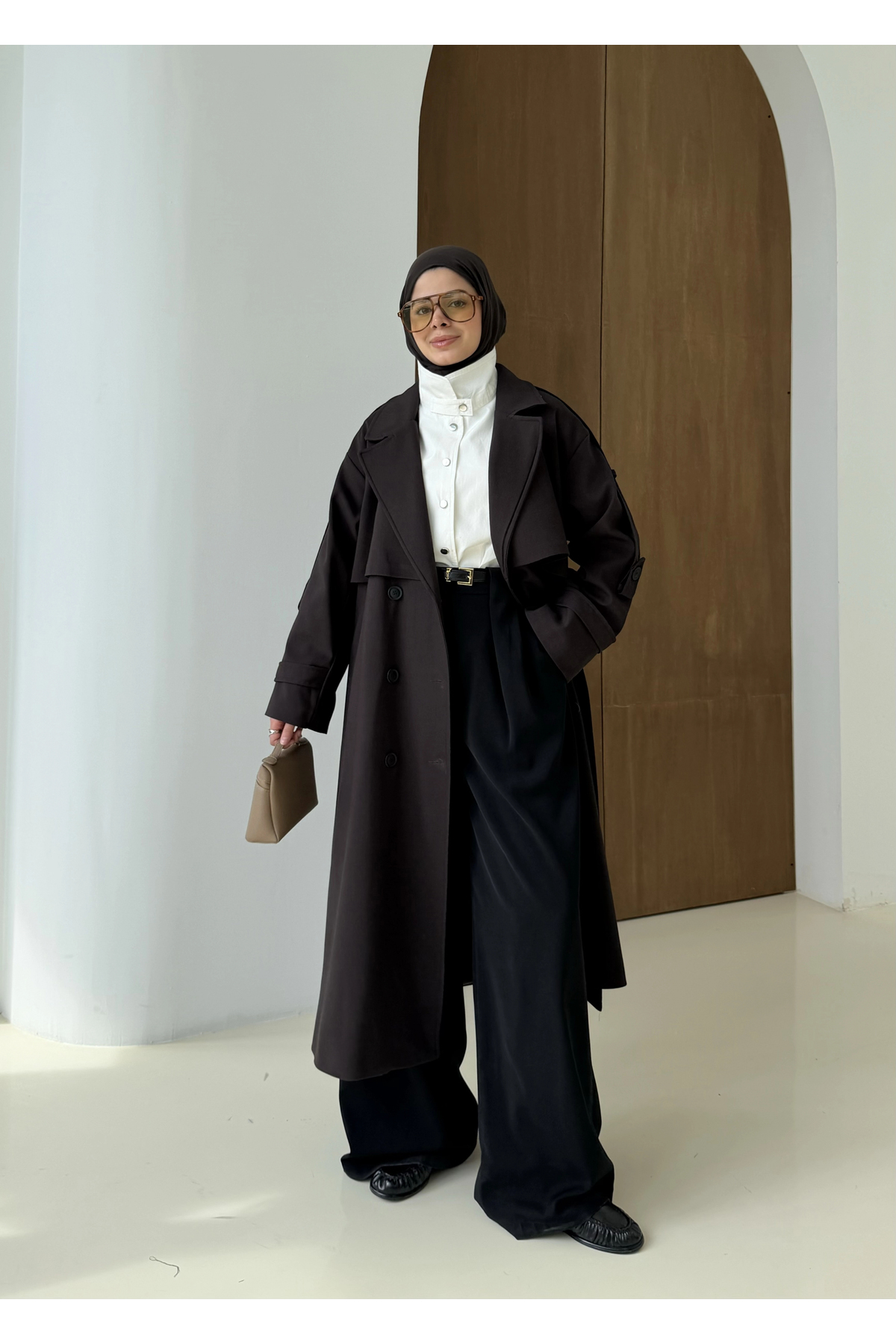 MODA AKSA 2045 Premium Poleviskon Uzun Salaş Trençkot Acı Kahve görsel 5