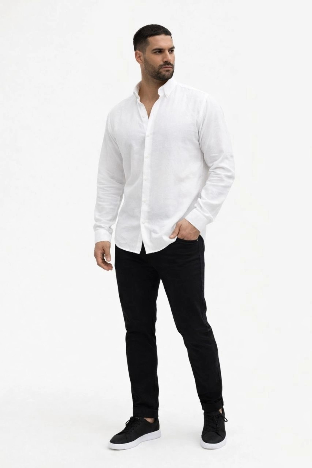 pilelistore Erkek KETEN Kumaş Oversize Uzun Kollu Rahat Kalıp Gömlek - Beyaz fotoğrafı 7 (önizleme)