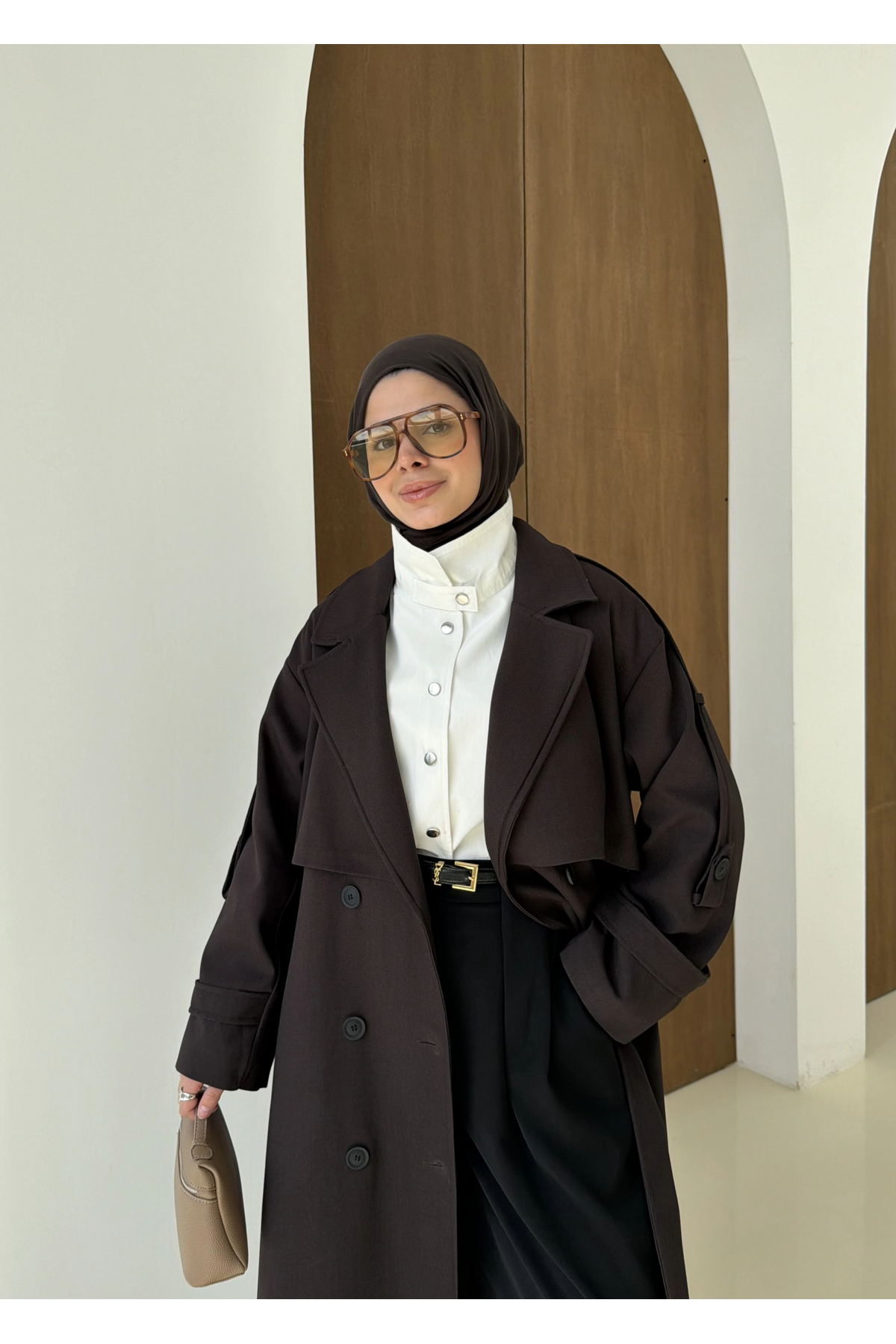 MODA AKSA 2045 Premium Poleviskon Uzun Salaş Trençkot Acı Kahve görsel 4
