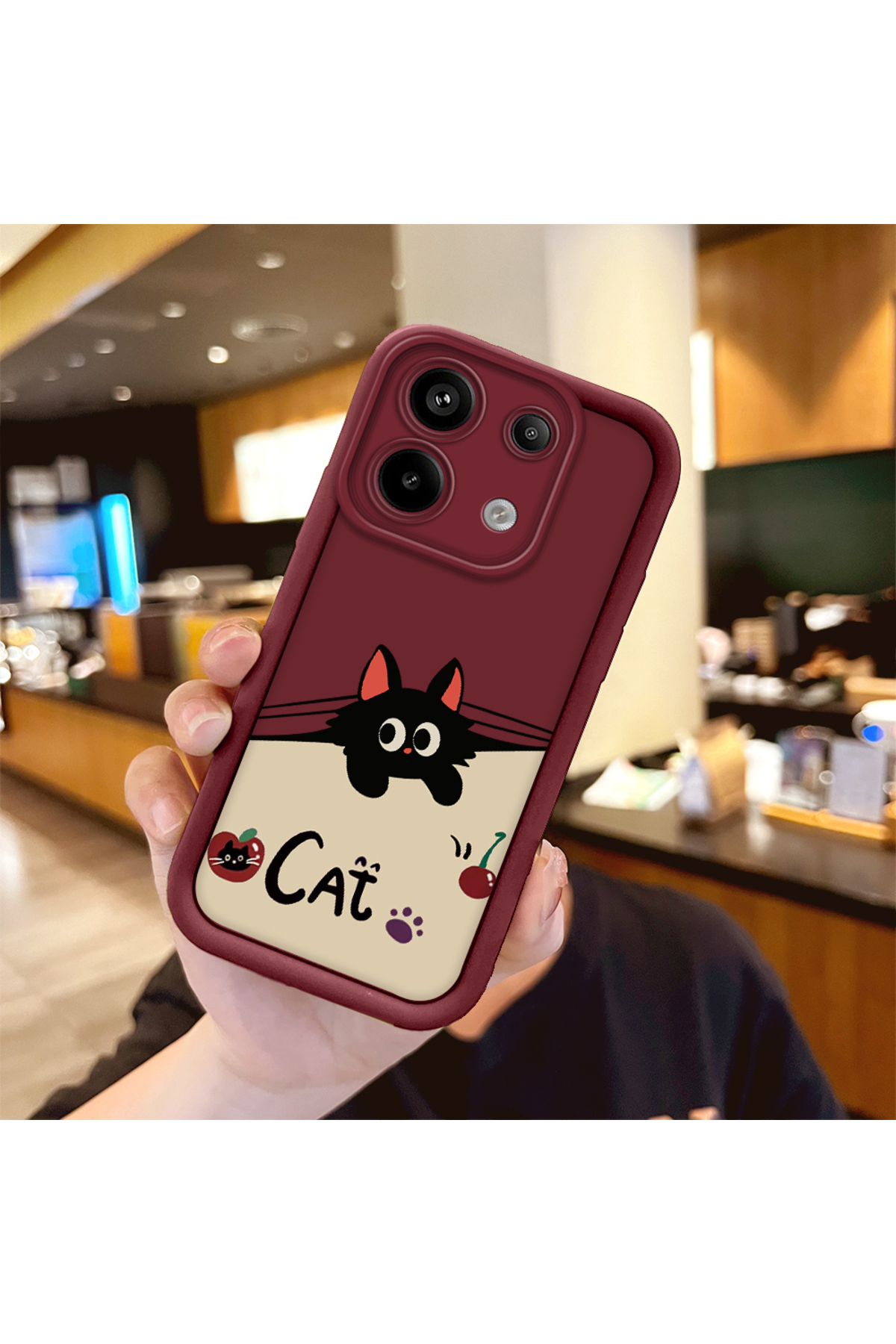 Redmi Note 13 Pro 5G Compatible Shockproof Simple Claret Red Silicone Phone Case Cat Pattern