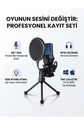 asua 2.4G Kablosuz RGB Işıklı Oyuncu Mikrofonu Profesyonel Yayıncı Podcast Mi...