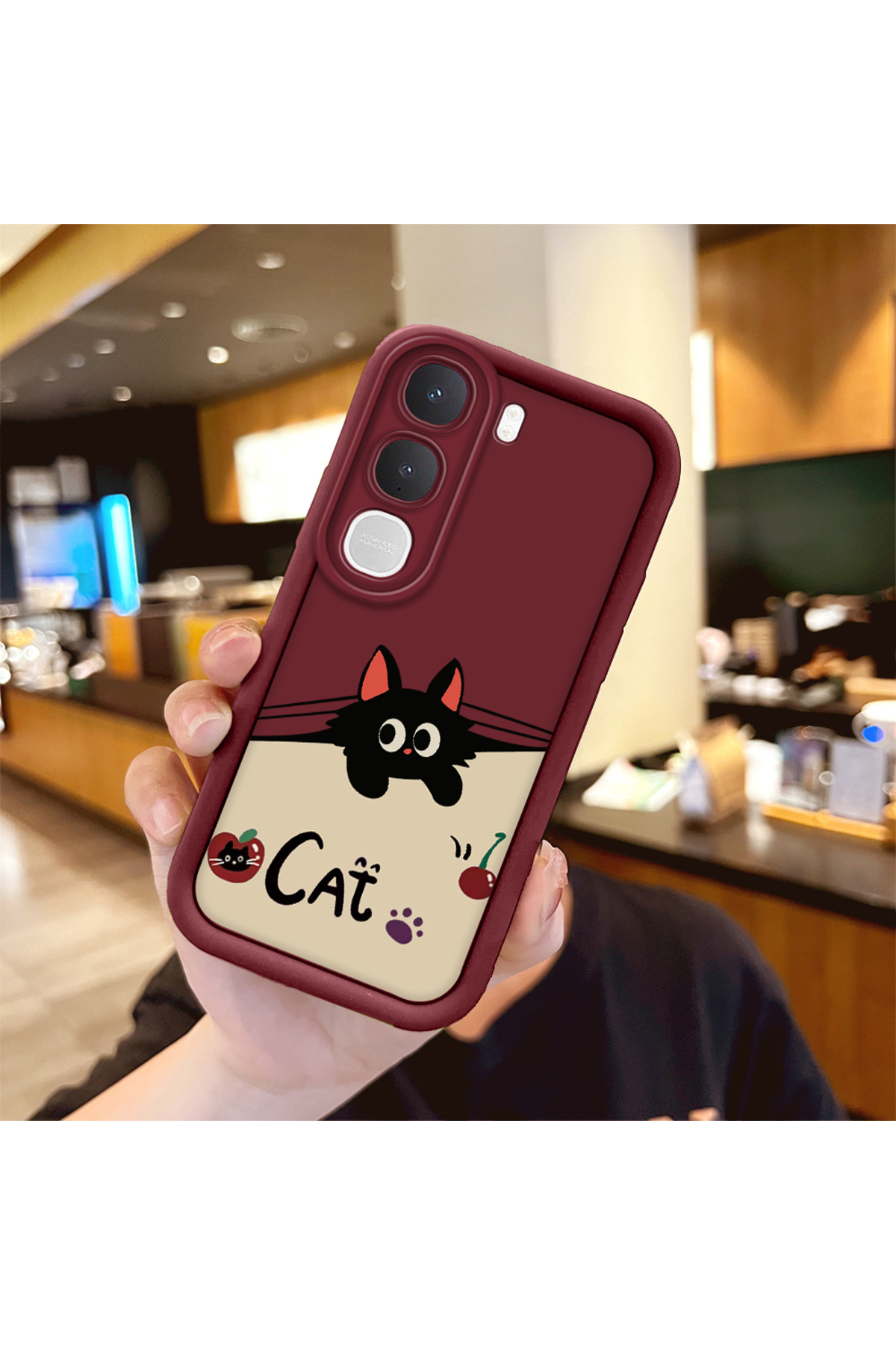 Vivo Y31 5G Compatible Shockproof Simple Claret Red Silicone Phone Case Cat Pattern