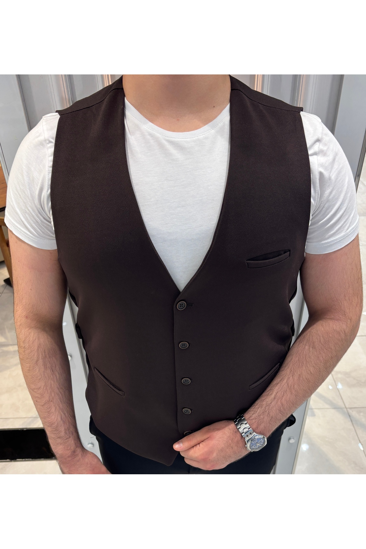 SABRİ ZENGİN Erkek Kahverengi V Yaka Slim Fit Komple Kumaş Yelek