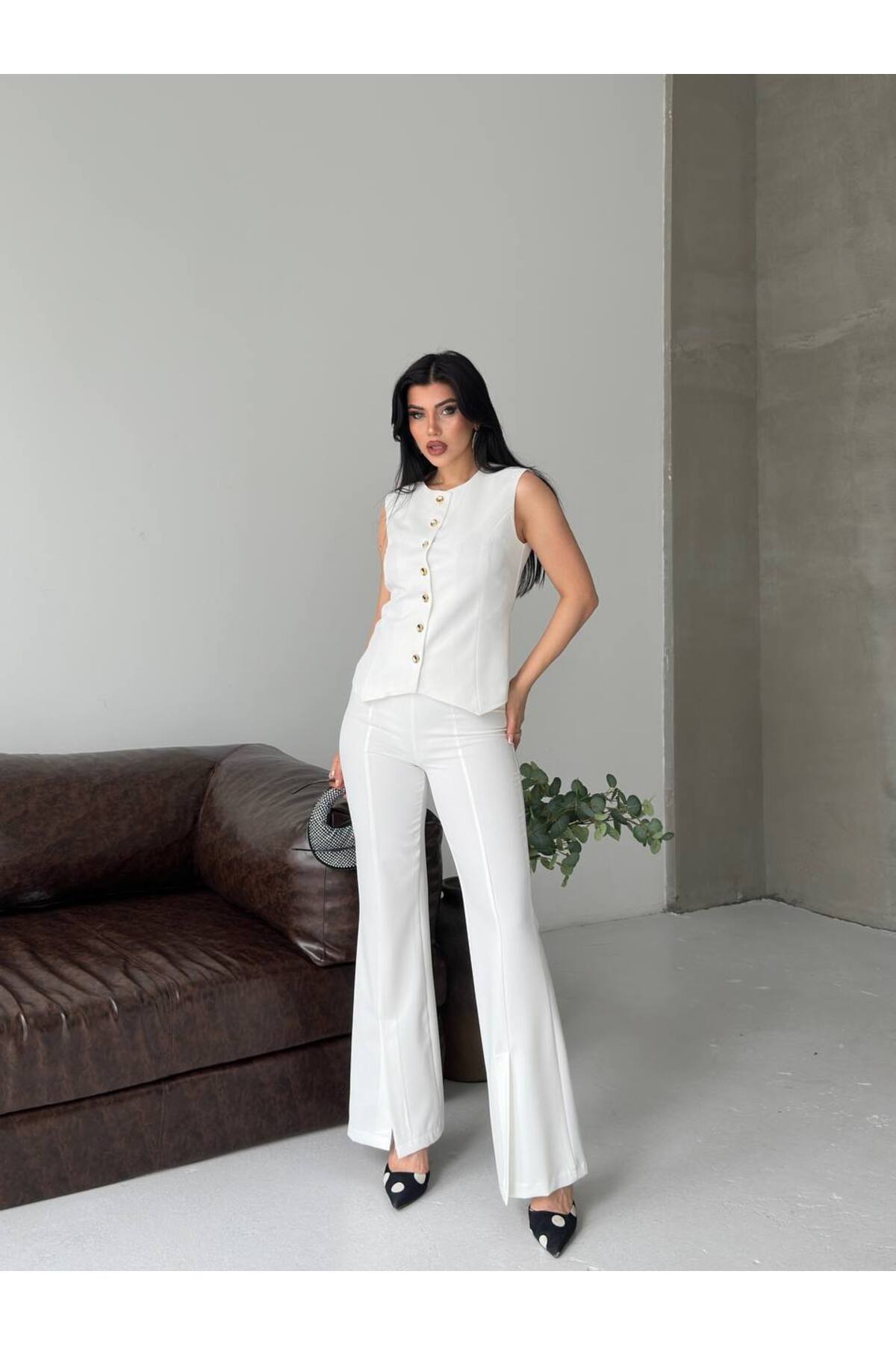 Women's Slit Hem Button Vest and Pants Two-Piece Set White - Görsel 5