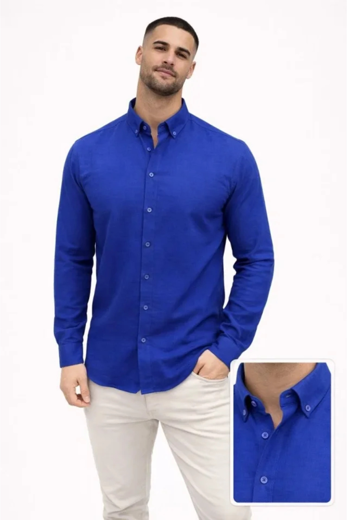 GETFAY Erkek KETEN Kumaş Oversize Uzun Kollu Rahat Kalıp Gömlek 10340-Saks Mavisi fotoğrafı 2 (önizleme)