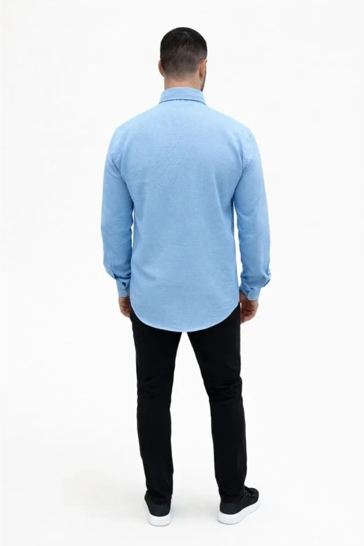 GETFAY Erkek KETEN Kumaş Oversize Uzun Kollu Rahat Kalıp Gömlek 10337-Açık Mavi fotoğrafı 4 (önizleme)