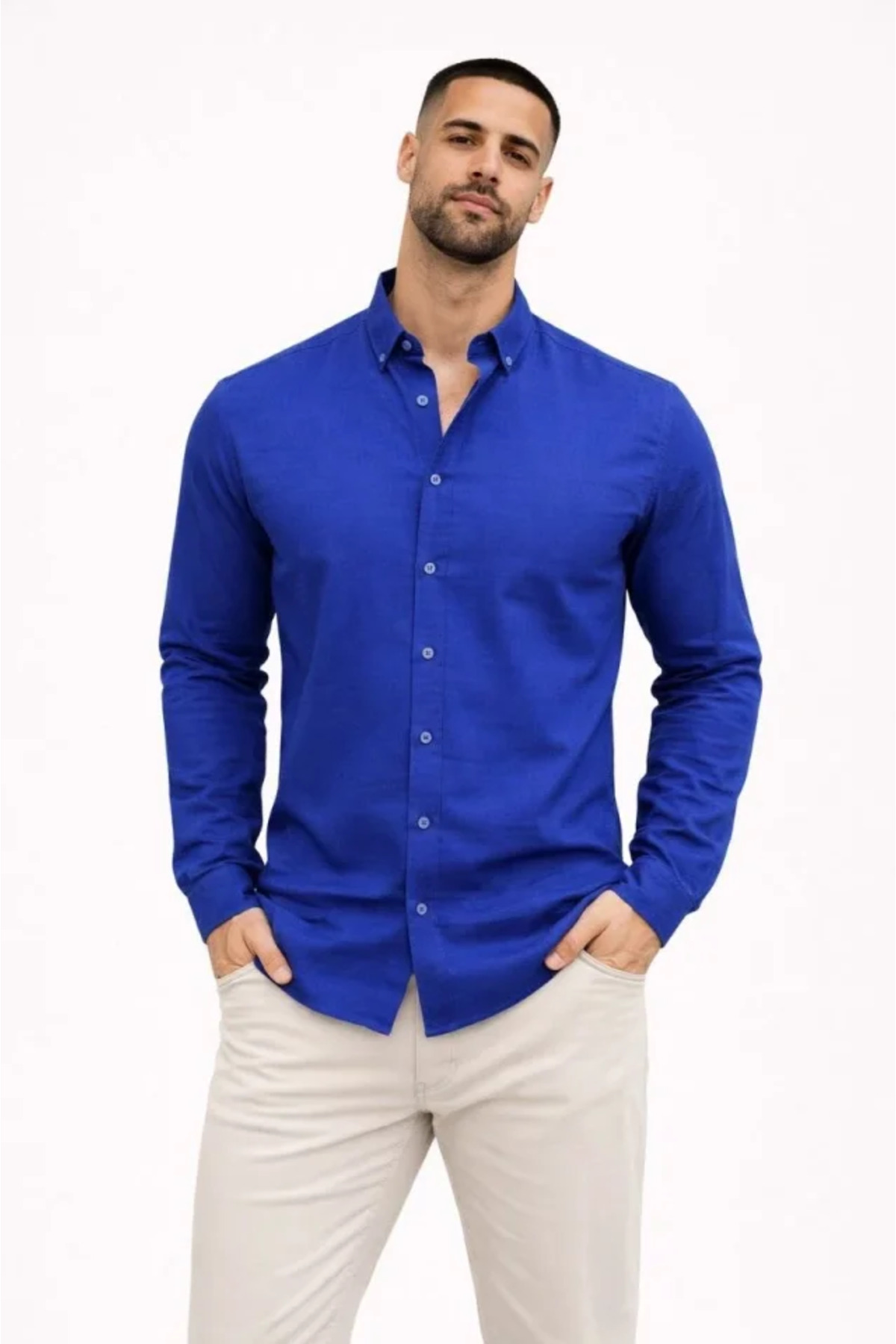 GETFAY Erkek KETEN Kumaş Oversize Uzun Kollu Rahat Kalıp Gömlek 10340-Saks Mavisi fotoğrafı 4 (önizleme)