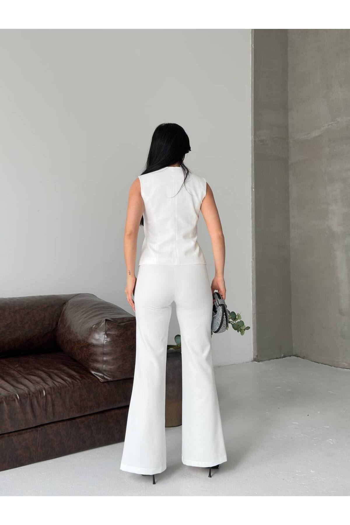Women's Slit Hem Button Vest and Pants Two-Piece Set White - Görsel 8