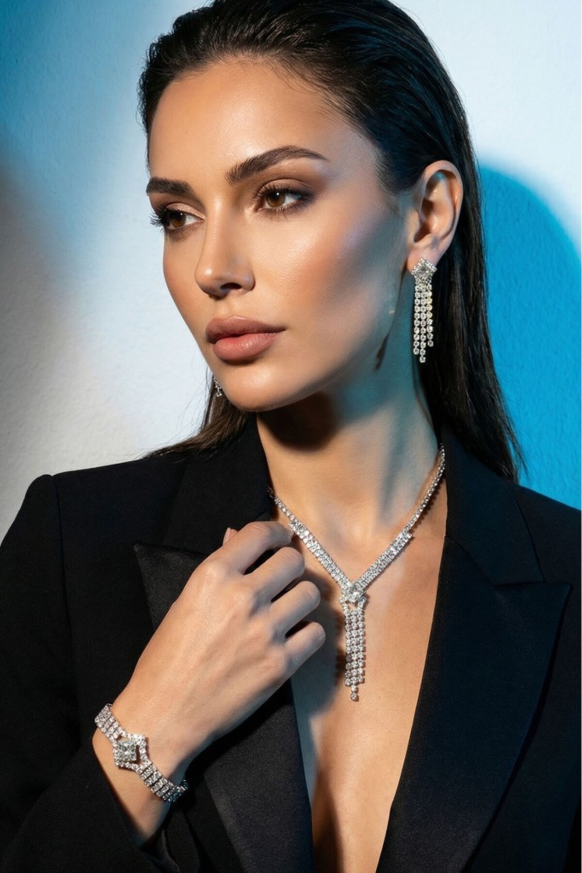 White Square Stone Waterway 3-Piece Necklace, Earrings and Bracelet Jewelry Set - Wedding, Henna, Engagement Bridal Jewelry Set