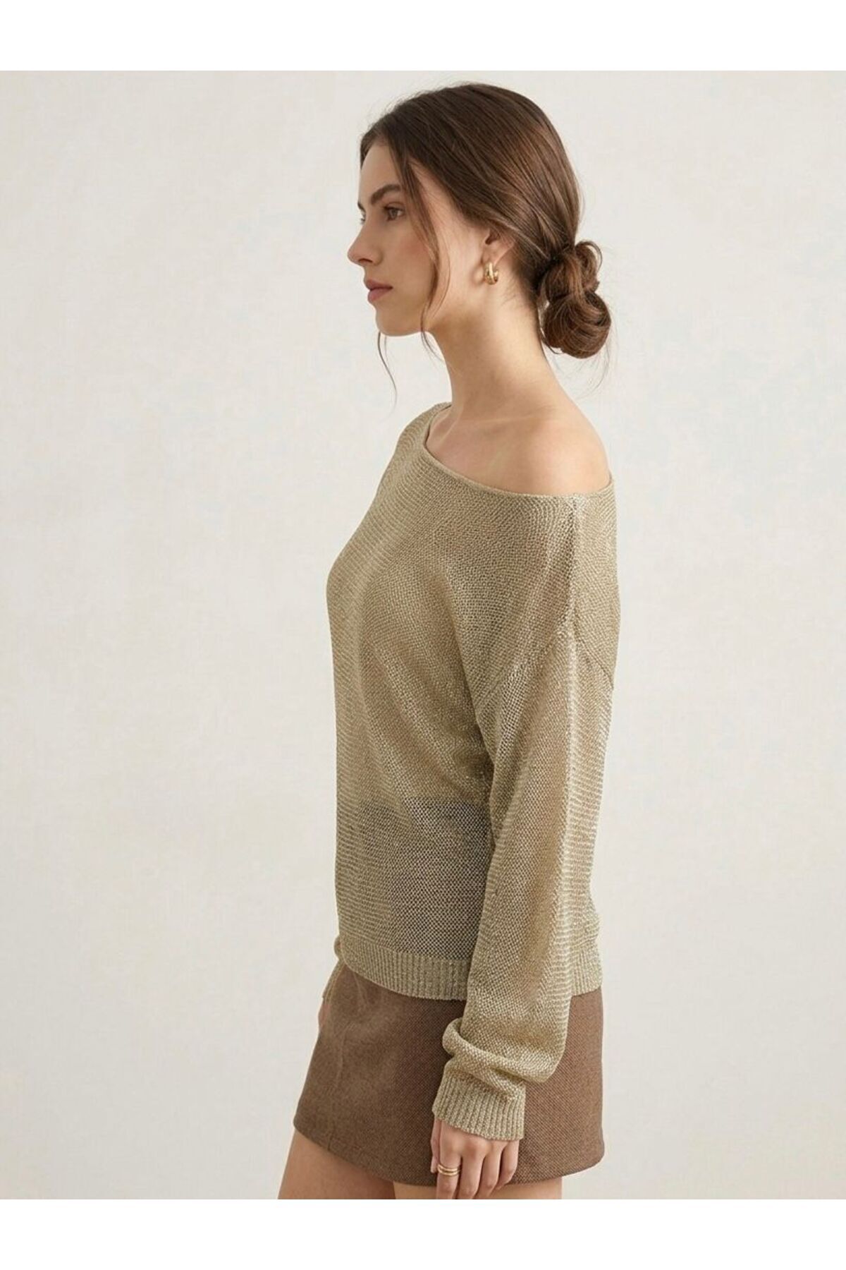Maysev  Kayık Yaka Simli İp Transparan Ajurlu Mevsimlik Kazak - Görsel 2