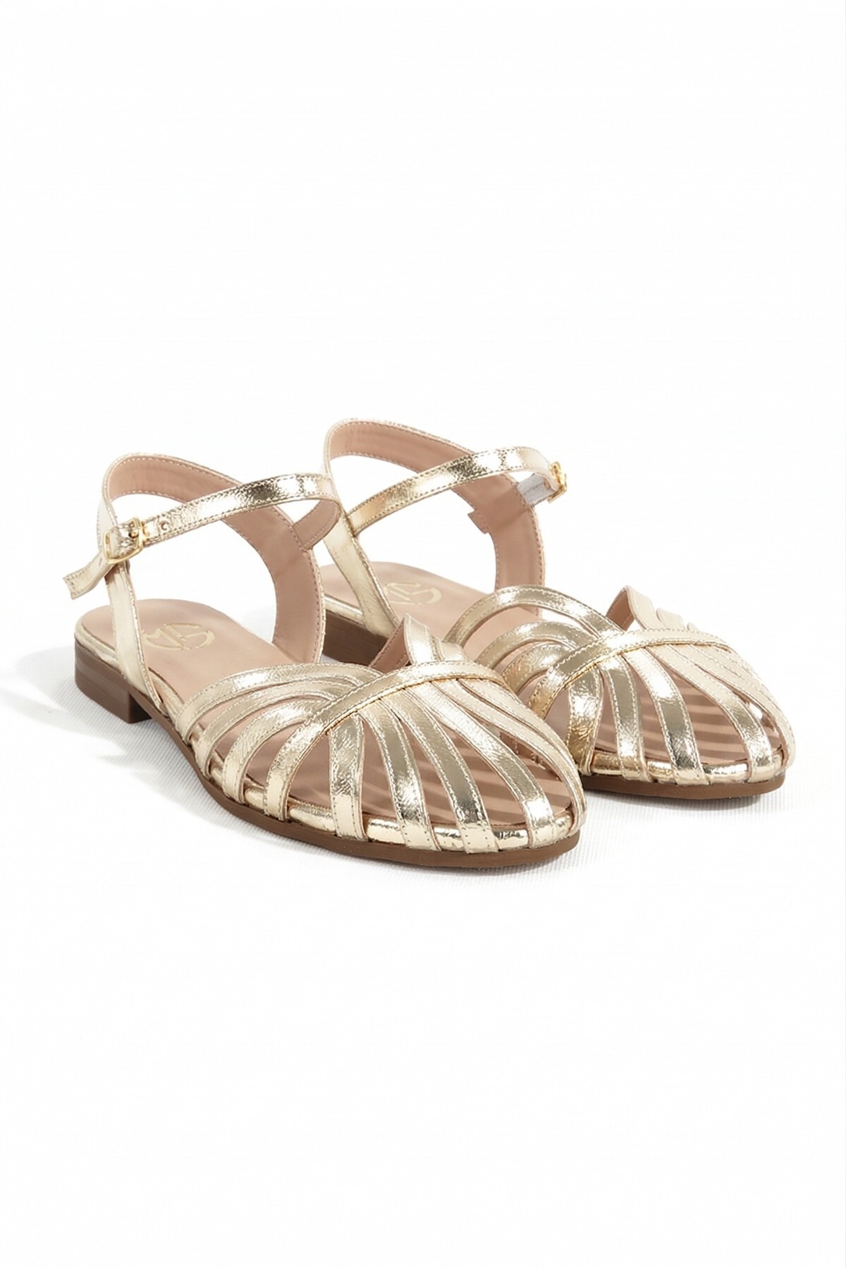 Modabuymus  Altın Gold Dore Çok Bantlı Önü Kapalı Babet Arkası Açık Topuksuz Abiye Ayakkabı Migino - Görsel 4