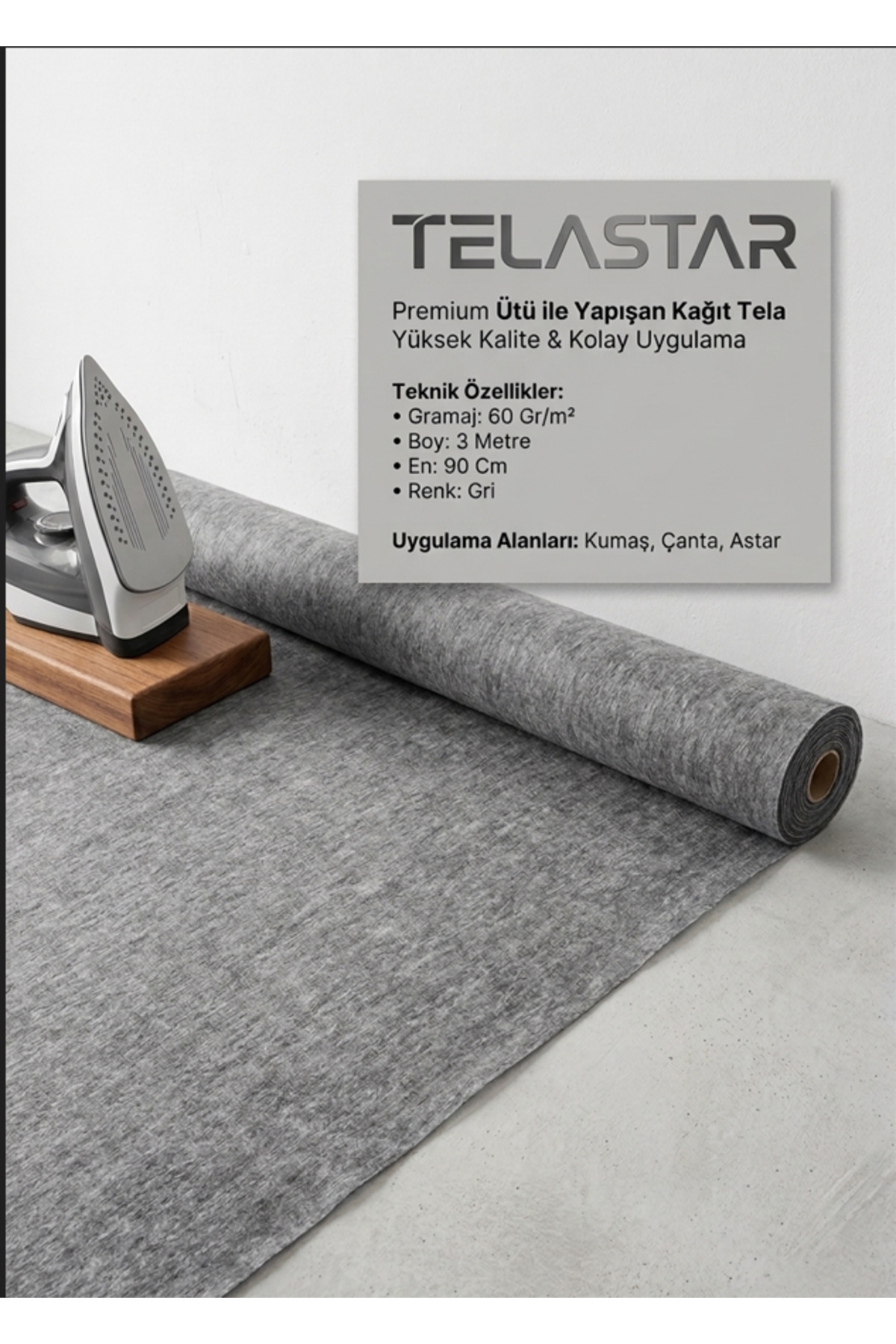 3 Meter Width 90 Cm Gray-Black Color 60 Gr Adhesive Quality Paper Interlining, Fabric Interlining, Lining with Iron